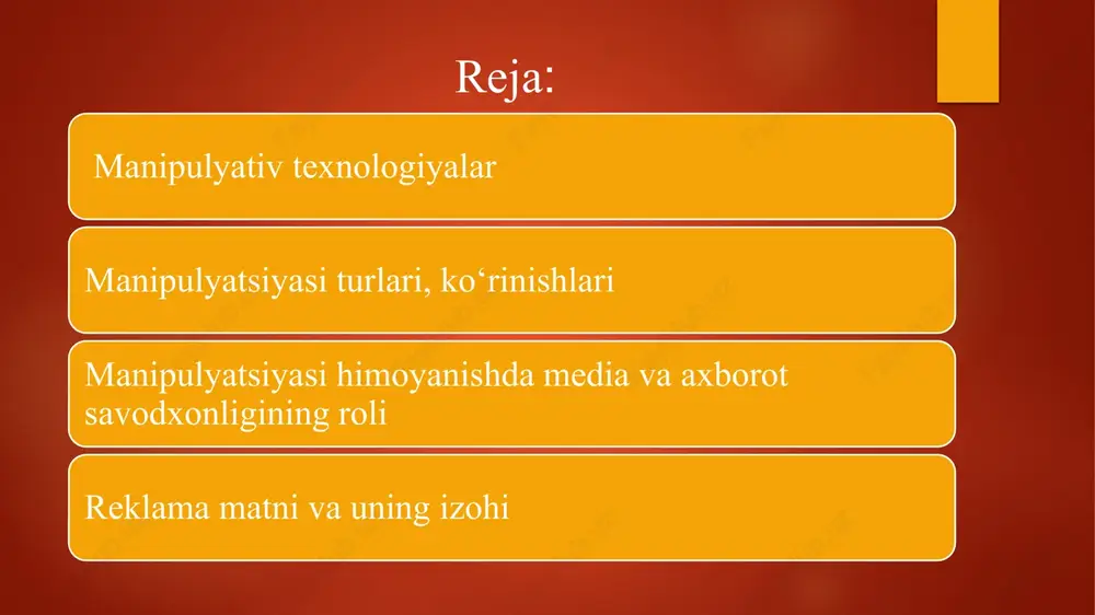 odamlar[8][9]. ortiqcha rozilik berish boshqalarning aybsiz ekanligiga ishonishga va ularni oʻrniga oʻzini qoʻyib koʻrishga hayrixoh boʻlgan odamlar. oʻziga past baho berish oʻziga shubha bilan qarashdan, oʻziga boʻlgan ishonch va qatʼiyatning yetishmasligidan qiynaladigan va oʻz-oʻzini himoya qilishga juda oson oʻtadigan odamlar[8]. ortiqcha intellektualizatsiyalash manipulyatsiya qiladiganlarni oʻziga yarasha sabablari bor deb ishonuvchi va ularni tushunishga urinuvchi odamlar[8]. hissiy qaramlik boʻysunuvchanlik yoki tobelik shaxsiyatiga ega boʻlgan odamlar. odam qanchalik koʻp hissiy jihatdan qaram boʻlsa, u shunchalik oson ekspluatatsiya va manipulyatsiya qilish mumkin[8]. ochkoʻzlik ochkoʻz va egri odamlarni osonlik bilan axloqsiz yoʻl tutishga koʻndirish mumkin[9]. an’anaviy ommaviy axborot vositalari (matbuot, televidenie, radio) yildan-yilga o‘z ta’sirini yo‘qotib, yangi oav, aksincha, zamonaviy media makonda o‘z o‘rni va ko‘lamini yanada kengaytirib bormoqda. masalan, “mediascope” ma’lumotlariga ko‘ra, 2019 yilda rossiyada internet birinchi marta kundalik yoritish bo‘yicha televizordan o‘zib ketdi: yirik shaharlar aholisining taxminan 75 foizi har kuni onlayn va 70,4% televizor tomosha qilgan. kiberhujum (cyberattack) - raqamli texnologiyalardan …