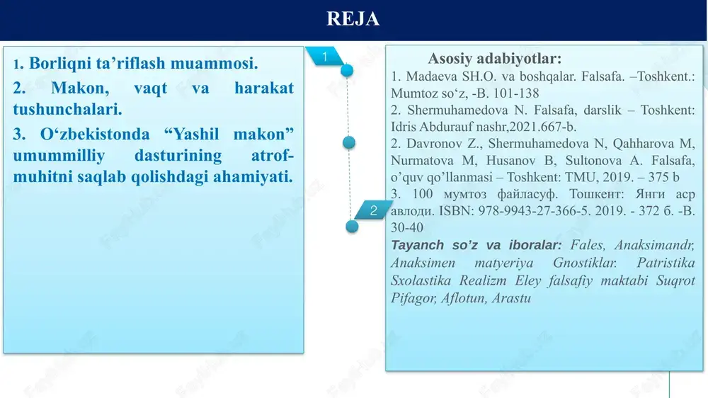 da biz yo‘qlik haqida hatto fikrlay ham olmaymiz, chunki agar biz u haqda o‘ylasak, u bizning fikrimizda mavjud bo‘ladi, yani borliq sifatida fikrlanadi. parmenid (miloddan avvalgi vi asr) borliq tushunchasidan yo‘qlikning mavjud emasligi kelib chiqishini isbotlashga uringan. binobarin, yo‘qlikni tasavvur qilish ham mumkin emas, bu esa uning mavjud emasligini anglatadi. ammo yo‘qlik bo‘lmasa, hech narsa paydo bo‘lishi ham, yo‘q bo‘lishi ham mumkin emas. i sof borliq g‘oyasi. falsafa tarixida borliq muammosi. “avesto”da, borliq harakatdagi dunyo, butun jonli va jonsiz narsalarning uyg‘unligidagi mavjudlik deb ifodalanadi. vedalar (qadimgi hind tafakkurining ilk yodgorliklari) va (ularga diniy-falsafiy sharhlar) –upanishadalarda yaxlit manaviy substansiya, o‘lmas jon haqidagi g‘oyalar, shuningdek dunyo haqidagi tasavvurlar o‘z aksini topgan. qadimgi xitoy falsafasi avvalo ijtimoiy muammolarga qarab mo‘ljal olgan, unda inson borlig‘iga, shuningdek ijtimoiy borliqqa ko‘proq etibor berilgan. suv (fales) yoki havo (anaksimen) deb, dam hamma narsani boshqaradigan boqiy va cheksiz asos – «apeyron»(anaksimandr taxminan mil. av. 611-545 yillar) deb tavsiflaganlar. …