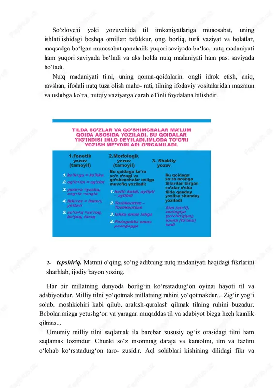 yatga qarab otinli foydalana bilishdir. 2- topshiriq. matnni o‘qing, so‘ng adibning nutq madaniyati haqidagi fikrlarini sharhlab, ijodiy bayon yozing. har bir millatning dunyoda borlig‘in ko‘rsatadurg‘on oyinai hayoti til va adabiyotidur. milliy tilni yo‘qotmak millatning ruhini yo‘qotmakdur... zig‘ir yog‘i solub, moshkichiri kabi qilub, aralash-quralash qilmak tilning ruhini buzadur. bobolarimizga yetushg‘on va yaragan muqaddas til va adabiyot bizga hech kamlik qilmas... umumiy milliy tilni saqlamak ila barobar xususiy og‘iz orasidagi tilni ham saqlamak lozimdur. chunki so‘z insonning daraja va kamolini, ilm va fazlini o‘lchab ko‘rsatadurg‘on taro- zusidir. aql sohiblari kishining dilidagi fikr va niyatini, ilm va quwatini, qadrva qiymatini so‘zlagan so‘zidan bilurlar. «quruq so‘z — quloqqa yoqmas», demishlar. agar so‘z aql va hikmatga muvoftq bo‘lub, o‘ziga yoki eshi- tuvchiga bir foyda chiqaradurg‘on bo‘lmasa, asalari orasida g‘ung‘urlab yurgan qovoqari kabi quruq g‘ung‘urlamoq, faqat bosh og‘rig‘idan boshqa bir narsa emasdur. boshimizga kela- durgan qattig1 kulfatlarning ko‘pi yumshoq tilimizdan keladur. shuning uchun: «ko‘p o‘yla, oz …