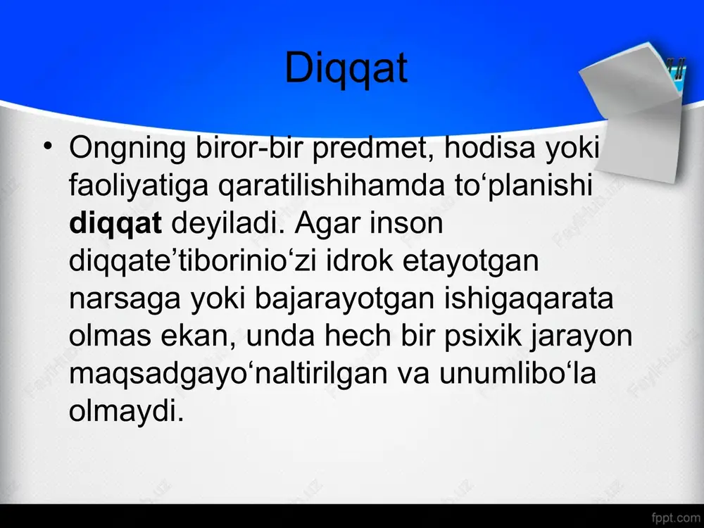 sa va qayta tiklash qobiliyatiga ega bo`lmasa bilimlarni egallashning har qanday imkoniyatidan mahrum etilgan va ularning aqli darajasida qolavergan bo`lar edi. shu sababdan ham har bir odamning vazifasi o`z xotirasini boyitishdan iboratdir. esda olib qolish jarayonida odamda bir narsa yoki hodisa bilan boshqa narsa yoki hodisa o`rtasida o`zaro aloqa bog`lanadi. masalan, biz yangi topishgan kishining ismini esda qoldirishda bu isimni hamma mazkur kishi bilan uning tashqi qiyofasi va boshqa xususiyatlari bilan bog`laymiz. ma’lum bir tarixiy faktni o`zlashtirishda uni boshqa tarixiy hodisalar bilan bog`laymiz, uning ma’lum bir davrga taalluqli ekanini aniqlaymiz. shunday qilib esda qoldirish - biron bir yangi narsani ilgaridan odam ongida mavjud bo`lgan boshqa narsa bilan bog`lashdan iborat. xotirani tajriba asosida psixologiya asosida tadqiq etish, x1x asrning 80-yillariga to`g`ri keladi. 1885 yilda nemis psixologi ebbingous xotirlab qolish jarayonlari haqida kitobini yaratadi. xx asrning 30-yillarida rossiya psixologlari l.s.vigodskiy, a.n.leont’ev, a.n.zankov, t.i.zinchinko kabilar xotiraning turli jihatlarini o`rganadilar. diqqatning biror narsaga qaratishi …