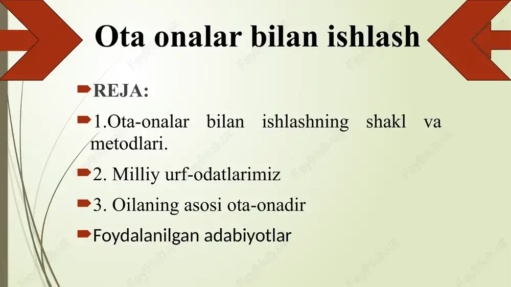 sohalaridagi ahvol, amalga oshirilayotgan islohotlarimizning samaradorligi avvalo xalq, ma’naviyatining tiklanishi, boy tarixiy merosimizning keng o‘rganilishi, an’analarimizning saqlanishi madaniyat va san’at, fan va ta’lim rivoji bilan uzviy bog‘liqdir», — deb ta’kidladi. milliy urf-odatlarimiz milliy urf-odatlarimiz, qadriyatlarimizda va islom dinida ota-onalar mas’uliyatiga qo‘yilayotgan talablar. otalik tuyg‘usi - inson qalbidagi iymonlilikning namoyon bo‘lishidir. farzand ko‘rish oson, lekin unga xaqiqiy ota, ma’naviy rahnamo bo‘lish hammaning qo‘lidan kelavermaydi. farzandni dunyoga keltirish otalik, erkaklik burchining faqat bir tomonidir. uning eng asosiy vazifasi esa farzandini yaxshi tarbiyalab, jamiyatda o‘zining munosib o‘rnini egallashini ta’minlashdir. farzandlarga otaning pand-nasihatlari emas, balki qilgan ishlari, yurish - turishlari ham ibratlidir... otalik mehri inson qoniga, tomiriga, hujayrasiga singib ketgan ma’naviyqadriyatdir. shariat xukmlarida: - er o‘z xotinini avaylab, to‘g‘rilik va zulm o‘tkazmay tarbiyalashi; - er o‘z xotini uchun alohida bir uyni ajratib berishi; - xotinini o‘rtacha taom bilan ta’minlashi; - farzandlarini kerakli darajada tarbiya qilishi; - xotinga mehrini chin ko‘ngildan berishi; - xotini, qizlariga …
