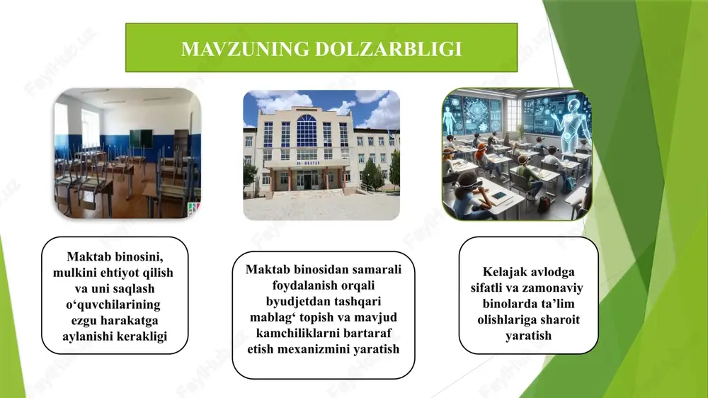 ig‘idek asraymiz” aksiyalarini o‘tkazish ota-onalar va hamkor tashkilotlar ishtirokida ochiq eshiklar kuni o`tkazish maktabda ekologiya sardorlari tomonidan targ‘ibot ishlarini amalga oshirish maktabda amalga oshirilayotgan loyihalarni ijtimoiy tarmoqlarda yoritish o‘quv yili davomida faol sinf, faol o‘quvchi va faol ota-onalarni rag‘batlantirib borish ta’lim sifatini oshirishda maktab binolarining ahamiyati singapurdagi nanyang primary school boshlang’ich maktabi bu rang-barang maktab ulkan kamalak konfetlaridan yasalganga o‘xshaydi. ushbu maktabni qayta qurish doirasida barcha yoshdagi bolalar uchun inklyuziv muhitni ta'minlash maqsadida avstraliyalik arxitektorlar jalb etilganlar. daniyaning kopengagen shahridagi orestad gymnasium maktabi o‘zining noodatiyligi bilan dong taratgan. bu maktabda sinf xonalari yo‘q bo‘lib maktab ochiq maydon prinsipi bo‘yicha qurilgan. bu maktab o’zining noyob arxetikturasi bilan 2007 yilda daniyaning eng yaxshi binosi deb topilgan hindistonda volontyorlar tomonidan ko‘priklarning tagida o‘ziga xos maktablar tashkil etilib, bu maktablarda asosan mamlakatning ta’lim olish istagi bor qashshoq qatlami faqatgina boshlang‘ich bazaviy bilimlarga ega bo‘lishar ekanlar. xorijiy tajribalarni oʻrganilganligi yaponiya. sinf xonalar va koridorlarni o‘quvchilar …