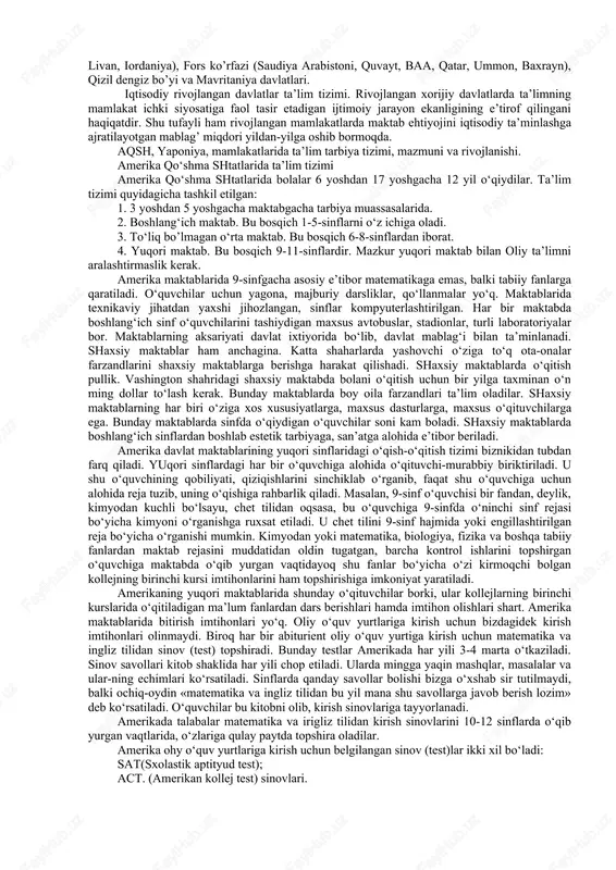 aytarayotgan hududlar tegishli. birinchi navbatda bu lotin amerikasi davlatlaridir. tarixda bo’lgani singari bugungi kunda ham lotin amerikasiga integratsion o’choqlar zonasi sifatida aqsh va g’arbiy yevropa tomonidan ta’sir ko’rsatilmoqda. uchinchi turga ta’lim jarayoni integratsiyasiga kam e’tibor qaratayotgan regionlar kiradi. mazkur guruhga saxara janubidan boshlab afrika davlatlarining katta qismi, janubiy va janubiy-sharqiy osiyoning qator davlatlari, tinch va atlantika okeani havzasidagi uncha katta bo’lmagan orol davlatlarini kiritish mumkin. afrika davlatlarida maktab ta’limining davomiyligi minimal daraja – 4 yildan kam. mazkur hududlarda aholining ko’pchiligi savodsiz. masalan, janubiy saxarada yashovchi 140 mln afrikalik savodsizligicha qolmoqda. maktab ta’limi davomiyligining eng pastligi nigeriyada – 2,1 yil, keyin burkina-fasoda – 2,4 yil, gveniyada – 2,7 yil, jibutida – 3,4 yil. xx asrning oxiriga kelib qator iqtisodiy, siyosiy, ijtimoiy sabablarga ko’ra ta’limning uzluksizligi va integratsion jarayonlarda og’ishlar kuzatilayotan hududlar ajratib ko’rsatildi. bunday hududlarga arab davlatlari, sharqiy yyevropa va sobiq sssr davlatlari kiradi. arab davlatlarida ichki integratsiyaga tayanadigan to’rtta subregionni …