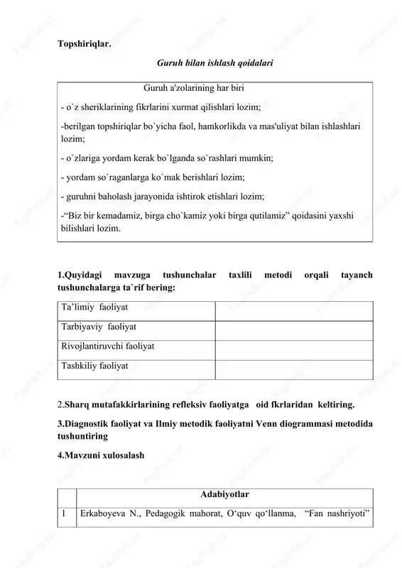 lantiruvchi faoliyat tashkiliy faoliyat 2.sharq mutafakkirlarining refleksiv faoliyatga oid fkrlaridan keltiring. 3.diagnostik faoliyat va ilmiy metodik faoliyatni venn diogrammasi metodida tushuntiring 4.mavzuni xulosalash adabiyotlar 1 erkaboyeva n., pedagogik mahorat, o‘quv qo‘llanma, “fan nashriyoti” 2021 2 esonova m.a. maktabgacha pedagogika. t.: ilm va fan, 2023. 3 nazirova g.m., bolalarni maktabga tayyorlash metodikasi, darslik, “bookmany print”, toshkent-2024 4 nazirova g.m., maktabgacha ta’lim-tarbiyani tashkil etish, o‘quv qo‘llanma, “bookmany print”, toshkent-2024. 5 qodirova f.r., toshpo’latova sh.q., kayumova n.m., a’zamova m.n. maktabgacha pedagogika, darslik, “tafakkur” toshkent-2019 6 tolipov o’, ro’ziyeva d., pedagogik texnologiyalar va pedagogik mahorat, o‘quv qo‘llanma, innovatsiya-ziyo n., t-2021 1.