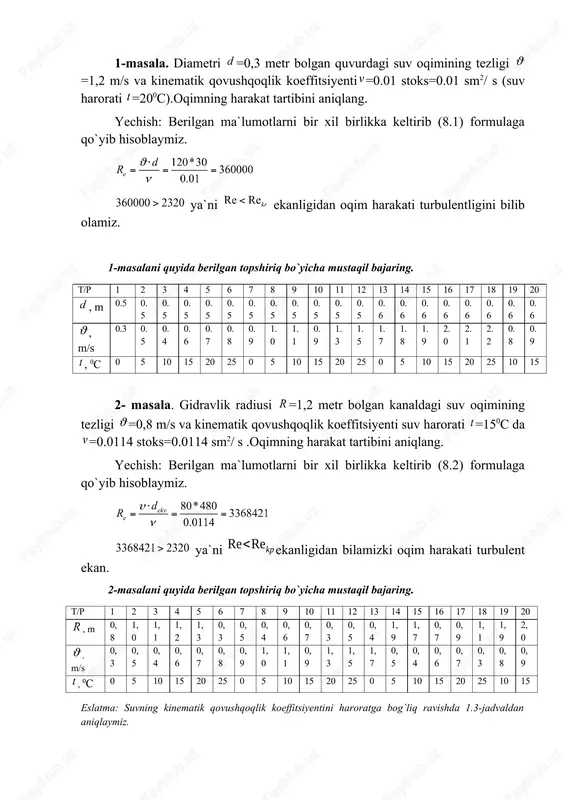 rlikka keltirib (8.1) formulaga qo`yib hisoblaymiz. ya`ni ekanligidan oqim harakati turbulentligini bilib olamiz. 1-masalani quyida berilgan topshiriq bo`yicha mustaqil bajaring. t/r 1 2 3 4 5 6 7 8 9 10 11 12 13 14 15 16 17 18 19 20 , m 0.5 0.5 0.5 0.5 0.5 0.5 0.5 0.5 0.5 0.5 0.5 0.5 0.6 0.6 0.6 0.6 0.6 0.6 0.6 0.6 , m/s 0.3 0.5 0.4 0.6 0.7 0.8 0.9 1.0 1.1 0.9 1.3 1.5 1.7 1.8 1.9 2.0 2.1 2.2 0.8 0.9 , 0c 0 5 10 15 20 25 0 5 10 15 20 25 0 5 10 15 20 25 10 15 2- masala. gidravlik radiusi =1,2 metr bolgan kanaldagi suv oqimining tezligi =0,8 m/s va kinematik qovushqoqlik koeffitsiyenti suv harorati =150c da =0.0114 stoks=0.0114 sm2/ s .oqimning harakat tartibini aniqlang. yechish: berilgan ma`lumotlarni bir xil birlikka keltirib (8.2) formulaga qo`yib hisoblaymiz. ya`ni ekanligidan bilamizki …