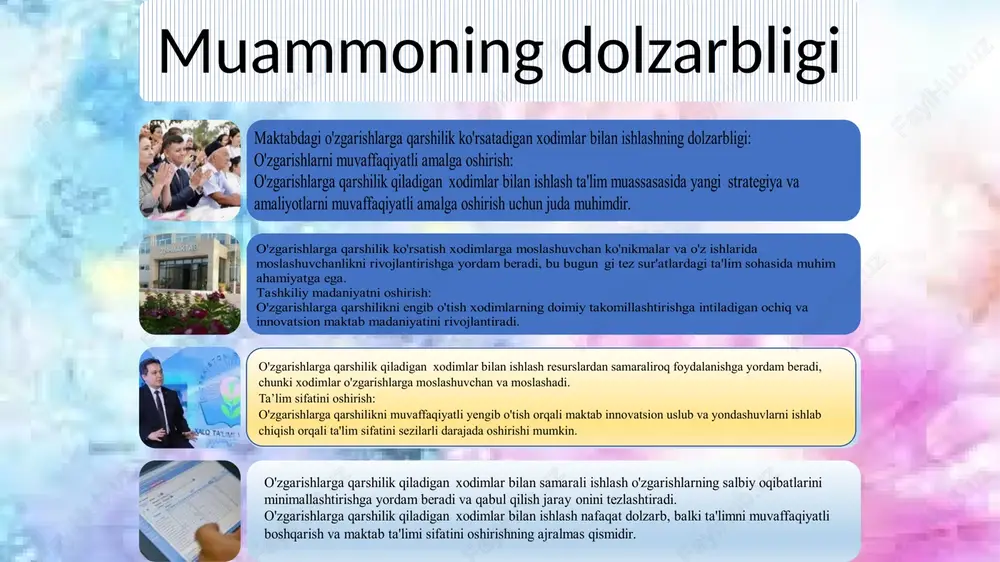 shning asosiy elementlari hisoblanadi. 1. finlyandiya: finlyandiya ta'lim tizimidagi o'zgarishlarga muvaffaqiyatli moslasha olishlari uchun kadrlarni tayyorlash va rivojlantirishga katta e'tibor beradi. yana bir muhim jihat - o'zgarishlarni kiritishda o'qituvchilarning fikriga ishonch va hurmat. 4. janubiy koreya . bu mamlakatlar ko'pincha an'anaviy ierarxik boshqaruv yondashuvlaridan foydalanadilar, bu esa o'zgarishlarga qarshilik ko'rsatishga olib kelishi mumkin. biroq, bu mamlakatlardagi zamonaviy maktablar qarorlar qabul qilish va o'zgarishlarni boshqarish jarayonida xodimlarning ishtirok etish usullarini faol ravishda joriy qila boshladilar. 3. yaponia bu mamlakatning maktab muhitidagi o‘zgarishlarni boshqarish bo‘yicha o‘ziga xos yondashuvlarga ega va o‘zgarishlarga qarshilik qiladigan xodimlar bilan ishlash strategiyasini ishlab chiqishda madaniy va tashkiliy jihatlarni hisobga olish muhimdir hulosa va takliflar o'qitish va qo'llab-quvvatlash: xodimlarni o'qitish va qo'llab-quvvatlash imkoniyatlarini ta'minlash ularning o'zgarish jarayonida qulayligi va ishonchini oshirishga yordam beradi. uzoq muddatli strategiya: uzoq muddatli o'zgarishlar strategiyasini ishlab chiqish, qarorlar qabul qilishda xodimlarni jalb qilish va umumiy maqsadlarni belgilash o'zgarishlar uchun yanada qulay muhit yaratadi. …