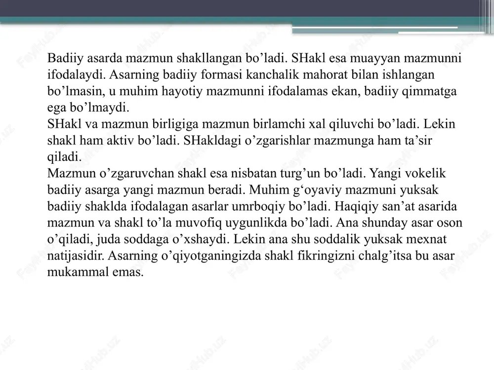 mazmunga quyidagilar kiradi: shakl esa asarda ifodalangan mazmunning voke bo’lishi, uning qanday ochilganligidir. shaklga quyidagi tushunchalar kiradi: - janr; - kompozitsiya; - konflikt; - she’riyatdagi poetik vositalar. - badiiy til va tasvir vositalari; - hayotiy va badiiy voqelik; - mavzu (tema); - g‘oya (ideya); - problema. mavzu asarda tasvirlangan hayotiy vokelik, asarda nima tasvirlanganligidir. asarda tasvirlangan davr masala yoki hodisa asarning mavzusini ko’rsatadi. asarning mavzusini aniqlashda undagi qahramonlar tilga olinmaydi. qahramonlar asar mavzusi ko’rsatkichi emas uning ochiq vositasidir, «qutlug’ qon» romanining mavzusi 1916-yilgi milliy ozodlik harakati. asar mavzusini aniqlash qiyin bo’ladi. «opa-singillar» romanining mavzusi opa-singillik emas rus va o’zbek mexnatkashlarning birodarligi ham emas, xotin-qizlar ozodligi ham emas. lekin romanda ana shu mavzularning barchasi bor. demak, asarda mavzu bitta bo’lmasligi mumkin. ana shu mavzularning barchasi asarning mavzular doirasi deyiladi. ana shu mavzulardan bittasi asosiy bo’lib, u asarning mavzusini keltirib chiqaradi. «opa-singillar» ning mavzusi o’zbek xotin-qizlarini ijtimoiy mexnatga tortish yo’li bilan ozodlikka …