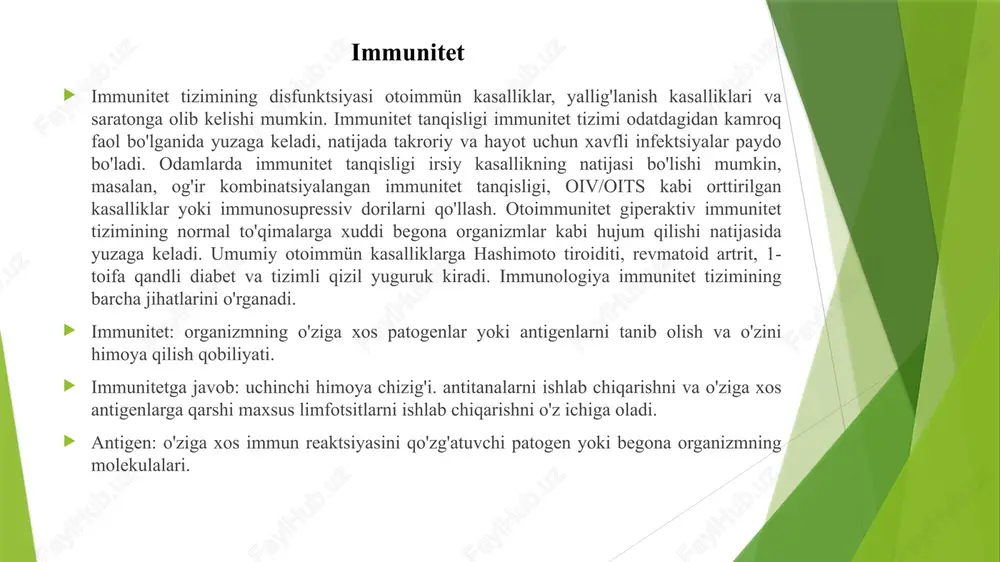 nadigan immuniteti. genetik jihatdan aniqlanmagan. tabiiy yoki sun'iy ravishda olinishi mumkin. infektsiya yoki emlashga javoban qizamiqga qarshi immunitetni rivojlantirish. i. tabiiy orttirilgan immunitet: kundalik hayot jarayonida olinadi. a. tabiiy orttirilgan faol immunitet: antigenlar yoki patogenlar tanaga tabiiy ravishda kiradi. tana antigenlarga qarshi immunitetni hosil qiladi. immunitet umrbod (suvchechak yoki parotit) yoki vaqtinchalik (gripp yoki ichak infektsiyalari) bo'lishi mumkin. b. tabiiy orttirilgan passiv immunitet: antitanalar onadan homilaga platsenta yoki emizish (og'iz suti) orqali o'tadi. antigenlarga immun javob yo'q. immunitet odatda qisqa muddatli (haftalar va oylar). bolaning immuniteti rivojlanmaguncha himoya qilish. olingan immunitet turlari olingan immunitet turlari (davomi) ii. sun'iy ravishda olingan immunitet: emlash yoki immun zardobini olish orqali olinadi. a. sun'iy yo'l bilan orttirilgan faol immunitet: antigenler vaktsinalarga kiritiladi (immunizatsiya). tana antigenlarga qarshi immunitetni hosil qiladi. immunitet umrbod (poliomielitga qarshi emlash) yoki vaqtinchalik (tetanoz toksoidi) bo'lishi mumkin. b. sun'iy yo'l bilan olingan passiv immunitet: oldindan hosil bo'lgan antitanalar (antizardob) in'ektsiya yo'li …