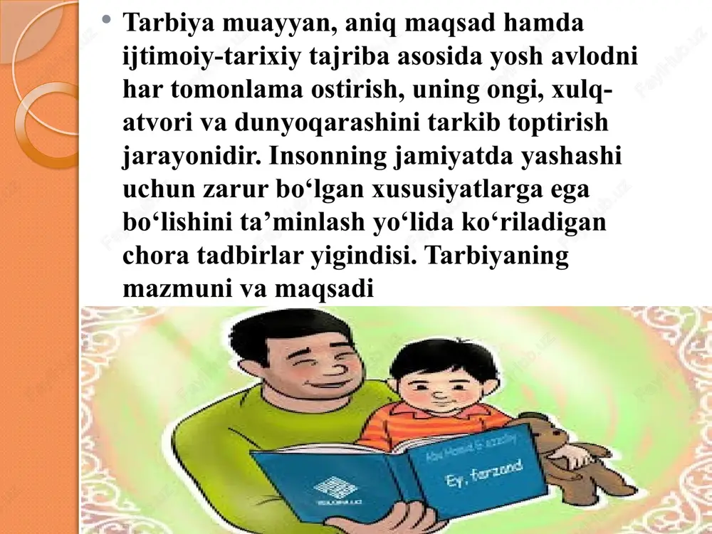 aylantirib borish lozim. insonning mushoxada qilish qobiliyatini tarbiyalaydi va mushoxada qilish aqlni peshlaydi. aql ongni saqlaydi. ong esa moddiy va ma’naviy manbaga aylanadi. shu tarzda inson asta-sekin takomillashib, komillikka erishib boradi. ammo buning uchun tarbiyachi va tarbiyalanuvchidan uzoq davom etadigan mas’uliyat, sharafli mexnat va qunt, irodani talab etadi. buning uchun bolalarning yosh xususiyatlarini xisobga olish zarur. ma’naviy, insoniy sifatlarning shakllanishida oiladagi, atrofdagi, jamiyatdagi muxit va bolalarga bo‘lgan munosabat muxim rol o‘ynaydi. ota-onalarimiz va atrofdagilarning bir-birlariga bo‘lgan munosabatlarini ko‘rgan bola shunga qarab shakllana boradi. ular avval kattalarga taqlid qiladilar. so‘ng sekin-asta qilayotgan ishlarining moxiyatini anglaydilar. bolalarni to‘g‘ri tarbiyalashda ota-onaning ongi, ma’naviyati, bilimi, tarbiyalanganligi muxim axamiyatga ega. aniq bir maqsadga qaratilgan tarbiyaning samaradorligi tarbiyachining qanday metoddan foydalanishiga bog‘liq. metod – yunoncha atama bo‘lib – aynan nimagadir yo‘l, usul orqali maqsadga erishish yo‘lini bildiradi. metod, ya’ni usul axborotni uzatish va qabul qilish xarakteriga qarab: 1. so‘z orqali ifodalash usuli. 3. amaliy, namuna usuli. …