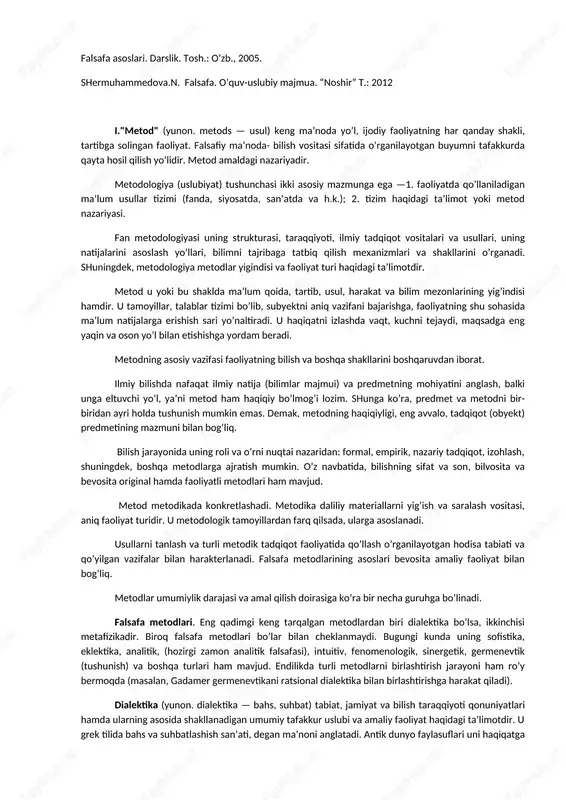 ir. metodologiya (uslubiyat) tushunchasi ikki asosiy mazmunga ega —1. faoliyatda qo’llaniladigan ma’lum usullar tizimi (fanda, siyosatda, san’atda va h.k.); 2. tizim haqidagi ta’limot yoki metod nazariyasi. fan metodologiyasi uning strukturasi, taraqqiyoti, ilmiy tadqiqot vositalari va usullari, uning natijalarini asoslash yo’llari, bilimni tajribaga tatbiq qilish mexanizmlari va shakllarini o’rganadi. shuningdek, metodologiya metodlar yigindisi va faoliyat turi haqidagi ta’limotdir. metod u yoki bu shaklda ma’lum qoida, tartib, usul, harakat va bilim mezonlarining yig’indisi hamdir. u tamoyillar, talablar tizimi bo’lib, subyektni aniq vazifani bajarishga, faoliyatning shu sohasida ma’lum natijalarga erishish sari yo’naltiradi. u haqiqatni izlashda vaqt, kuchni tejaydi, maqsadga eng yaqin va oson yo’l bilan etishishga yordam beradi. metodning asosiy vazifasi faoliyatning bilish va boshqa shakllarini boshqaruvdan iborat. ilmiy bilishda nafaqat ilmiy natija (bilimlar majmui) va predmetning mohiyatini anglash, balki unga eltuvchi yo’l, ya’ni metod ham haqiqiy bo’lmog’i lozim. shunga ko’ra, predmet va metodni bir-biridan ayri holda tushunish mumkin emas. demak, metodning haqiqiyligi, …