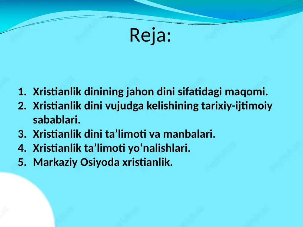rlarida esa 66 kitobdan iborat; yahudiylarning yana bir diniy manbasi talmudning xabar berishicha, qadimiy ahdda 24 ta kitob; qadimiy yahudiy tarixchisi iosif flaviyning aytishicha, 22 ta kitobdan iborat. protestantlar va yahudiylar, trident soboridan keyin (1545-1563), katoliklar ham qadimiy ahd tarkibiga 45 ta kitob kirgizadilar. injil “injil” - so‘zi yunoncha “evangelion” so‘zidan kelib chiqqan bo‘lib, hushxabar ma'nosini anglatadi; unda odamzodni qutqaruvchi yagona najotkor hisoblanmish iso masihning yer yuziga yuborilganligi haqida hikoya qilinadi; injil milodning birinchi asrida yozilgan, 27 bo‘limdan iborat xristianlik ta'limoti xristianlik ota-xudo, o‘g‘il-xudo va muqaddas ruh -uch qiyofali xudo (troitsa - trinity) ko‘rinishga ega xudo to‘g‘risidagi oxirat, isoning ta'limotni, qaytishi jannat haqidagi va do‘zax, va boshqa aqidalarni o‘z ichiga oladi. milodning iv asri boshlarida 324 yili xristianlik rim imperiyasida davlat dini deb e'lon qilingan; 325 yili tarixda birinchi marta rim imperatori litsiniya nikeya shahrida i butun olam xristian soborini chaqirdi(pasxani bayram qilish vaqti belgilangan); 381 yili konstantinopolda ii butun …