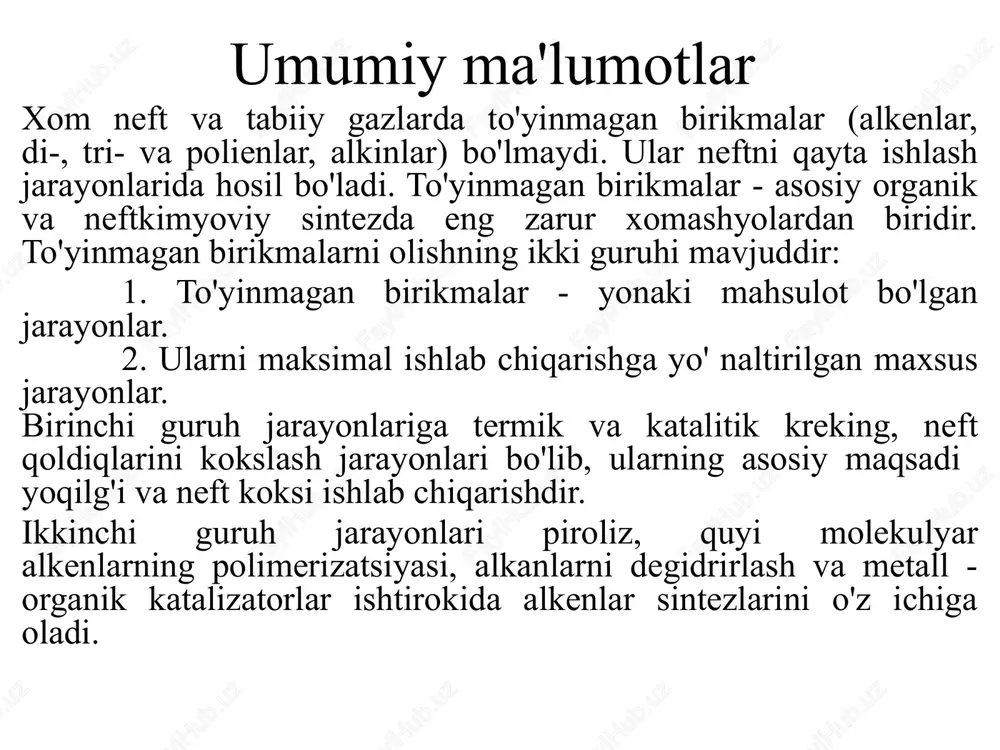 ug' fazadagi krekingida 40-45% va katalitik kreking benzinida 10% ga yaqin miqdorda to'yinmagan uglevodorodlar bo'ladi. to'yinmagan uglevodorodlarning xossalari oddiy sharoitlarda quyi alkenlar c2-c4 gaz, c5-c17 - suyuqlik, undan yuqori molekulyar alkenlar esa qattiq moddalardir. kritik harorat ma’lumotlaridan ko'rinib turibdiki, quyi harorat va yuqori bosimda etilenni suyuq holatga o'tkazish mumkin. boshqa alkenlar esa bosim ostida suv bilan sovitish orqali suyuladilar. neftni qayta ishlash sanoat jarayonlarida alkenlar alkanlar bilan aralashma holida olinadilar. ularning xossalari sezilarli farqlanadi va shu bois, individual birikmalami ajratishda va ajratib olishda ishlatiladi. normal tuzilishli 1 - alkenlar mos alkanlarga nisbatan pastroq qaynash va erish haroratlariga ega, biroq pentan va 1 – pentenlar misolida yuqoriroq zichlik va sindirish ko'rsatkichiga egadirlar. turli tuzilishga ega bo‘lgan alkenlarning xossalarini taqqoslash quyidagi xulosaga olib keladi: simmetrik tuzilishga ega bo‘lgan tarmoqlangan alkenlar boshqa izomerlarga nisbatan (jadvalga qarang) yuqoriroq qaynash va erish haroratlariga hamda yuqoriroq zichlikka egadir. alkenlarning sis - izomerlari trans - izomerlariga nisbatan …