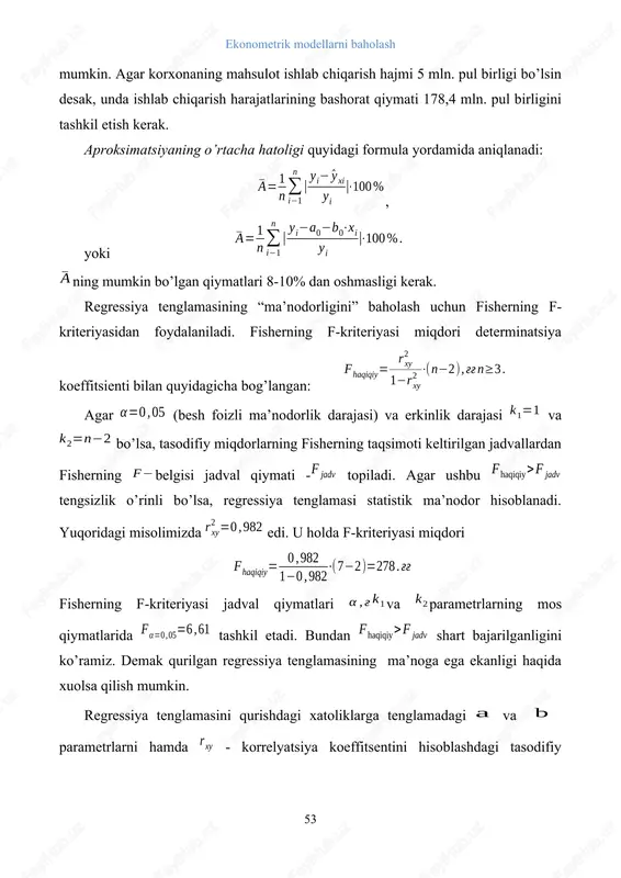 erak. regressiya tenglamasining “ma’nodorligini” baholash uchun fisherning f- kriteriyasidan foydalaniladi. fisherning f-kriteriyasi miqdori determinatsiya koeffitsienti bilan quyidagicha bog’langan: agar (besh foizli ma’nodorlik darajasi) va erkinlik darajasi va bo’lsa, tasodifiy miqdorlarning fisherning taqsimoti keltirilgan jadvallardan fisherning belgisi jadval qiymati - topiladi. agar ushbu tengsizlik o’rinli bo’lsa, regressiya tenglamasi statistik ma’nodor hisoblanadi. yuqoridagi misolimizda edi. u holda f-kriteriyasi miqdori fisherning f-kriteriyasi jadval qiymatlari va parametrlarning mos qiymatlarida tashkil etadi. bundan shart bajarilganligini ko’ramiz. demak qurilgan regressiya tenglamasining ma’noga ega ekanligi haqida xuolsa qilish mumkin. regressiya tenglamasini qurishdagi xatoliklarga tenglamadagi va parametrlarni hamda - korrelyatsiya koeffitsentini hisoblashdagi tasodifiy xatoliklar ham ta’sir etadi. shuning uchun va parametrlarni hisoblashdagi standart xatoliklar lar aniqlaniladi. regressiya koeffitsientining tasodifiy xatoligi quyidagi formula bilan aniqlaniladi: regressiya tenglamasining parametri tasodifiy xatoligi quyidagi formula bilan aniqlaniladi: chiziqli korrelyatsiya koeffitsientining tasodifiy xatoligi esa formula asosida aniqlaniladi: 4.2. chiziqli regressiya tenglamasi intervalining bashorati regressiya tenglamasi parametrlarining statistik ma’nodorligini baholash styudent- kriteriyasi yordamida ham …
