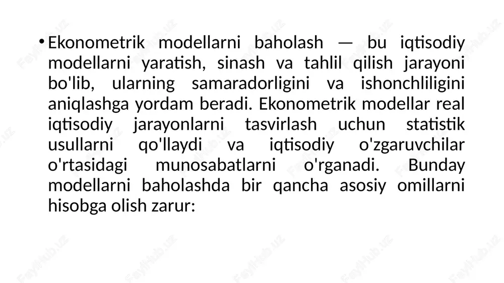 an, likelihood ratio test, f-test, t-test va boshqalar) yordamida modelning parametrlari va umumiy shakli baholanadi. ma'lumotlar sifati: ekonometrik modelni qurishda ishlatiladigan ma'lumotlar yuqori sifatli, ishonchli va to'liq bo'lishi kerak. agar ma'lumotlar noto'g'ri yoki yetishmaydigan bo'lsa, model noto'g'ri natijalar berishi mumkin. modelning prognozlash qobiliyati: ekonometrik modelni baholashda uning prognozlash qobiliyatini ham tekshirish zarur. model faqat o'tgan davrdagi ma'lumotlarga qarab qurilmay, balki kelajakdagi o'zgaruvchilarni ham aniq prognoz qilishi kerak. korrelyatsiya koeffitsienti - bu ikki ko’rsatkich natijalari orasidagi bog’lanishning yaqinlik darajasini ifodalaydi. biroq, bu kattalik bir ko’rsatkich qiymatiningsonli o’zgarishlari ikkinchi ko’rsatkichning qiymatlarini o’zgarishida qanday aks etishini aniqlash imkonini bermaydi. bunday savolga javob berish uchun regression tahlil usulidan foydalanish zarur. uning yordamida mazmuni quyida ifodalangan qo’shimcha vazifa qo’yiladi : agar biror miqdor bir o’lchov birligiga o’zgarsa, ikkinchi miqdorning son jihatdan qanday o’zgarishi kuzatiladi ? bir-biri bilan uzaro bog’lanishda bo’lgan ikki ko’rsatkich mavjud bo’lsa, regressiya koeffitsienti ulardan birida bo’ladigan miqdoriy o’zgarish ikkinchisining qiymatining o’zgarishida qanday …