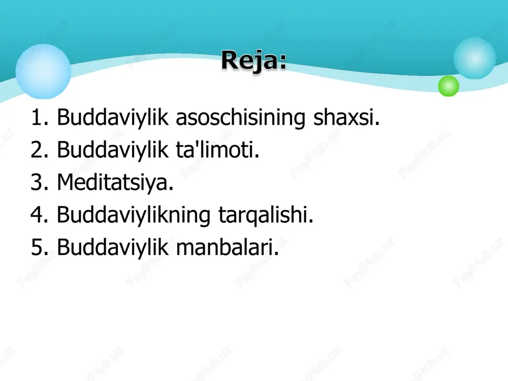 nd diniy - falsafiy ta'limotlari asosida vujudga kelgan, amaliyot va nazariyotdan iborat diniy tizimdir. uning asosi «hayot - bu azob, uqubatdir» va «najot yo‘li mavjud» degan g‘oyadir. buddaning ilk da'vati mujassamlashgan 4 haqiqatda o‘z ifodasini topgan. birinchi haqiqat - «azob uqubat mavjuddir» har bir tirik jon boshidan kechiradi, shuning uchun har qanday hayot - qiynoq, azob- uqubatdir. ikkinchi haqiqat - «qiynoqlarning sabablari mavjuddir» inson moddiy narsalar yoki ma'naviy qadriyatlardan foydalanib, ularni haqiqiy va doimiy deb hisoblaydi va doimo ularga ega bo‘lishga intiladi. uchinchi haqiqat - «qiynoqlarni tugatish mumkin» yaxshi yoki yomon niyatlar, intilishlardan butunlay uzilish nirvana (ruhning oliy maqomga erishishi) holatiga to‘g‘ri keladi. to‘rtinchi haqiqat - « qiynoqlardan qutilish yo‘li mavjuddir» bu yo‘l - «sakkizta narsaga amal qilish, to‘g‘ri tushunish, to‘g‘ri harakat qilish, to‘g‘ri muomalada bo‘lish, fikrni to‘g‘ri jamlash» (meditatsiya). buddizm ta'limoti asosan uch qismdan iborat: meditatsiya ahloq donolik meditatsiya: to‘g‘ri tushunish; to‘g‘ri niyat qilish; to‘g‘ri o‘zini tutish; to‘g‘ri anglash; …