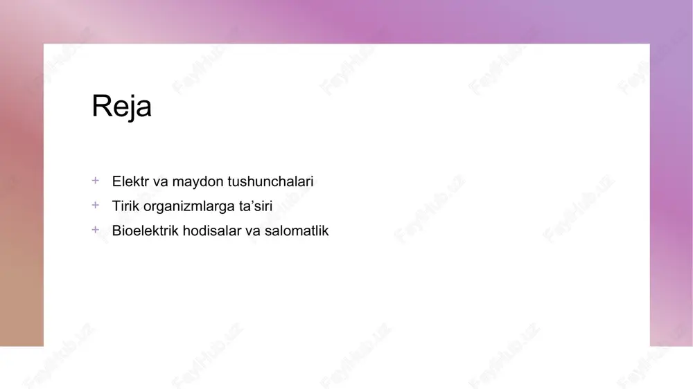 mushak faoliyatini boshqarishda muhim ahamiyatga ega. 03 salomatlik va ta'sir elektr va maydonlarning salomatlikka ta'siri turli kasalliklar, stress va muvozanat buzilishlariga olib kelishi mumkin, bu esa biologik tizimning umumiy holatiga ta'sir qiladi. bioelektrik hodisalarning asosiy prinsiplari. bioelektrik muvozanat potensial farqlar elektr oqimlari tirik organizmlarda bioelektrik muvozanat, hujayralar ichidagi ionlar va elektr zaryadlari o'rtasidagi o'zaro ta'sir orqali saqlanadi. hujayralar ichidagi elektr potensial farqlari, bioelektrik hodisalar va nerv impulslarini uzatishda asosiy rol o'ynaydi, organizmning faoliyatini boshqaradi. tirik organizmlarda elektr oqimlari, hujayra signallari va bioelektrik jarayonlarni davom ettirish uchun zarur. ular biologik tizimlarning sog'lig'ini ta'minlaydi. elektr maydonlarining salomatlikka ta'siri va tadqiqotlar. 1 elektr maydonlarining ta'siri elektr maydonlarining tirik organizmlarga ta'siri keng ko'lamli tadqiqotlarda o'rganilgan bo'lib, ularning biologik jarayonlarga ta'siri muhim ahamiyatga ega. 2 salomatlikdagi rol elektr maydonlar inson salomatligiga ta'sir ko'rsatishi mumkin. bu maydonlar stress, uyqu va umumiy farovonlikka ta'sir qilishi aniqlangan. 3 o'zbekiston tadqiqotlari o'zbekistonda elektr maydonlarining salomatlikka ta'siri bo'yicha bir qator …