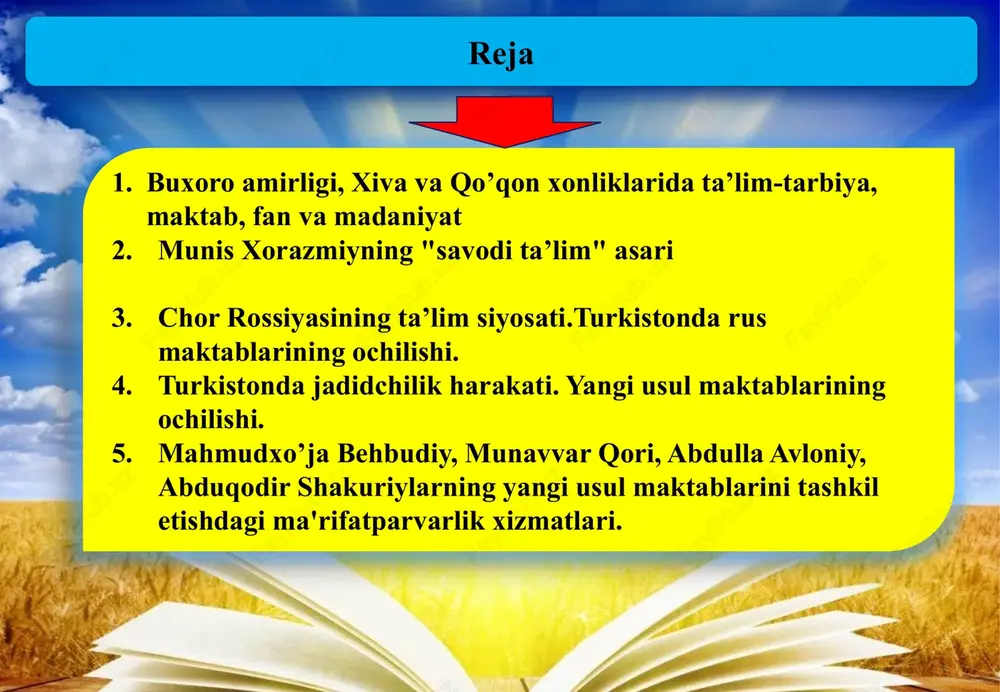o’shish orqali so’z tuzish, "haftiyak“ kitobini o’qish o’rgatilgan. o’quvchilar navoiy, fuzuliy, bedil, mashrab, hofiz sheroziy, so’fi olloyor asarlarini, "chor kitob"ni o’qib saboq olganlar. qizlar maktablarida uy-ro’zg’or tutish, pazandachilik, odob-axloq, pokizalik sirlarini o’rganishga ko’proq ahamiyat berilgan madrasa o‘rta va oliy o’quv yurti hisoblangan. madrasa ta’limi talabalar iqtidoriga qarab 7-12 yil davom etgan. buxoro amirligi shaharlarida 150 dan ortiq madrasa bo’lgan. madrasada arab, fors tilida yozilgan kitoblar o’qitilgan, ular talabalarga mudarris tomonidan turkiy tilda sharhlab berilgan. o’qish “avvali ilm " deb nomlangan fors tilidagi o’quv qo’llanmasini o’zlashtirishdan boshlangan. keyin arab tili grammatikasi o’qitilgan.fiqh kursi majburiy kurs hisoblangan. madrasani bitirganlardan mudarris, mutavali, qozi, imomlar, fan arboblari, shoirlar yetishib chiqkan. ulardan boborahim mashrab, muhammad amin kosoniy namangoniy, faziy namangoniy, shavqiy namangoniy, sayido nasafiy, abulg’ozi sofiy olloyor, dilshod-barno, uvaysiy, muhammad mir olim buxoriy, abulg’oziy bahodirxon ana shunday ilm sohiblaridandirlar. xvi-xviii asrning birinchi yarmi xiva xonligida ilm-fan taraqqiyoti butunlay to’xtab qolgan emasdi. bu davrda tarix ilmi …