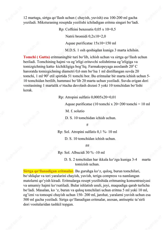 mumkin. shuning uchun ham qo‘llashdan oldin chayqatiladi. ichish uchun qoshiqlarda 10-12 martaga, sirtga qo‘llash uchun ( chayish, yuvish) esa 100-200 ml gacha yoziladi. miksturaning reseptda yozilishi ichiladigan eritma singari bo‘ladi. rp: coffeini benzoatis 0,05 x 10=0,5 natrii bromidi 0,2x10=2,0 aquae purificatae 15x10=150 ml m.d.s. 1 osh qoshiqdan kuniga 3 marta ichilsin. tomchi ( gutta) eritmaningbir turi bo‘lib, ichish uchun va sirtga qo‘llash uchun beriladi. tomchining hajmi va og’irligi erituvchi solishtirma og’irligiga va tomizgichning katta- kichikligiga bog’liq. farmakopeyaga asoslanib 200 c haroratda tomizgichning diametri 0,6 mm bo‘lsa 1 ml distillangan suvda 20 tomchi, 1 ml 900 etil spirtida 51 tomchi bor. bu eritmalar bir marta ichish uchun 5-10 tomchidan berilib, hammasi bo‘lib 20 marta uchun yoziladi. suvda erigan dori vositasining 1 martalik o‘rtacha davolash dozasi 5 yoki 10 tomchidan bo‘lishi kerak. rp: atropini sulfatis 0,0005x20=0,01 aquae purificatae (10 tomchi x 20=200 tomchi = 10 ml m. f. solutio d. s. 10 …