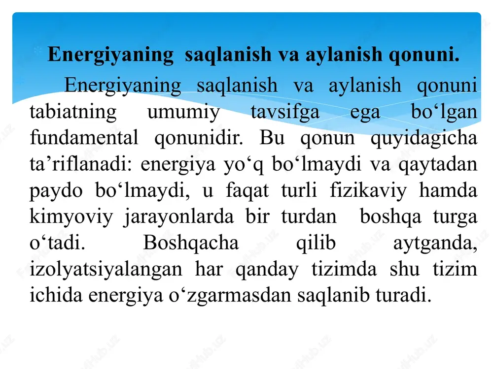 upot – molekulalarning ichki potentsial energiyasi; uo – nolp energiya yoki absolyut nolp temperaturadagi ichki energiya. ma’lumki t=0 da atom va molekulalarning issiqlik harakati to‘xtaydi, lekin atomlar ichidagi zarralarning harakati davom etadi. ichki energiyaning absolyut qiymati kimyoviy termodinamikada, kimyoviy reaktsiyalarni hisoblashda muhim rolp o‘ynaydi. termodinamikaning ko‘pchilik texnikaviy tadbiqlarida ichki energiya u ning absolyut qiymati emas, balki bu kattalikning turli termodinamikaviy jarayonlarda o‘zgarishi muhimdir. bundan shu narsa kelib chiqadiki, ichki energiya hisobini yuritishni ixtiyoriy tanlash mumkin. masalan, ideal gazlar uchun t0=0s temperaturada ichki energiya nolga teng deb qabul qilingan. aytib o‘tilganlardan shu narsa kelib chiqadiki, jism ichki energiyasining biror jarayonda o‘zgarishi jarayonning tavsifiga bog‘liq emas va oxirgi holati bilan bir qiymatda aniqlanadi. u1-2 = u2 –u1 (4.2) ichki energiya ekstensiv xossa, yani u kattalik tizimdagi massa miqdori m ga proportsionaldir. solishtirma ichki energiya deb aytiladigan kattalik modda massasi birligining ichki energiyasidan iborat. qisqa bo‘lish uchun, bundan keyin u kattalikni –solishtirma ichki …