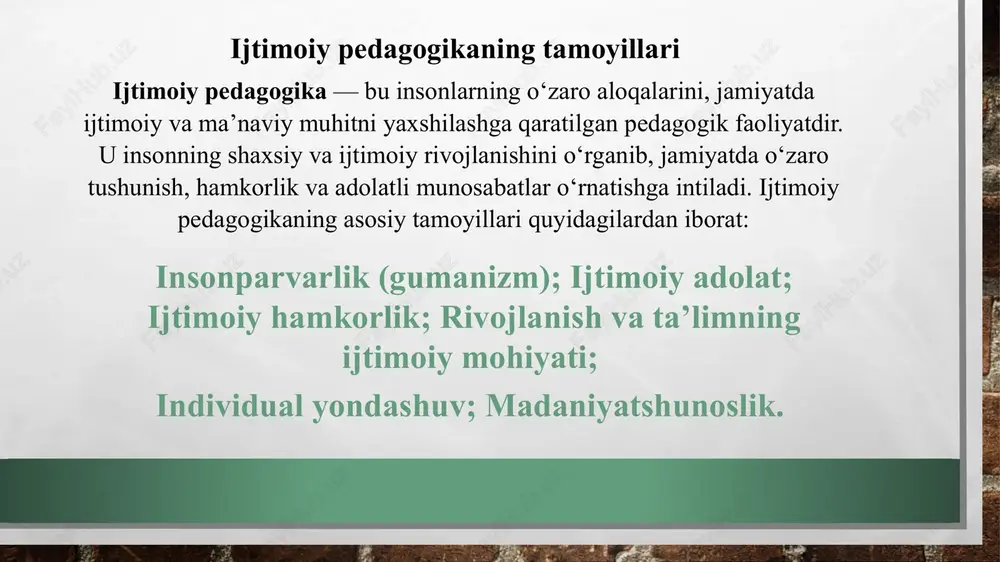jamiyatdagi o‘rni haqida chuqur tushuncha beradi. bu tizim shaxsni nafaqat ilmiy, balki axloqiy, ijtimoiy va madaniy jihatdan ham rivojlantirishga qaratilgan. ijtimoiy pedagogika, shuningdek, jamiyatda barqarorlik, ijtimoiy adolat va o‘zaro hurmatni o‘rnatishga yordam beradi. ijtimoiylashuv omillari. ijtimoiylashuv bolalar, o‘smirlar, yoshlarlarning rivojlanishiga ta’sir qiluvchi ko‘p sonli shart - sharoitlar bilan o‘zaro munosabatida yuzaga keladi. insonga ta’sir qiluvchi bu sharoitlar omil deyiladi. aslida ularning hammasi ham aniqlanmagan. o‘rganilgan omillar haqida bilimlar yetarli emas. ijtimoiylashuvning omillari to‘rt guruhga bo‘linadi; 1. megaomillar 2. makroomillar 3. mezoomillar 4.ijtimoiylashuvga mezoomillar shaxsning shakllanishiga ta’sir etuvchi omillar quyidagi shaklda aks ettirilgan: shaxs tarbiya ijtimoiy omil (muhit) biologik omil (irsiyat) ijtimoiylashuv vositalari. inson ijtimoiylashuvi u yoki bu jamiyat ijtimoiy qatlamlariga xos bo‘lgan universal vositalar orqali amalga oshiriladi, ularga: go‘dakni emizish va g‘amxo‘rlik qilish usullari, maishiy va gigiyenik yurish - turish qoidalari, insonni o‘rab turuvchi moddiy madaniyat mahsulotlari, ma’naviy madaniyat unsurlari (alladan boshlab ertaklargacha), muomala usuli va mazmuni, shuningdek oilada jazolash …