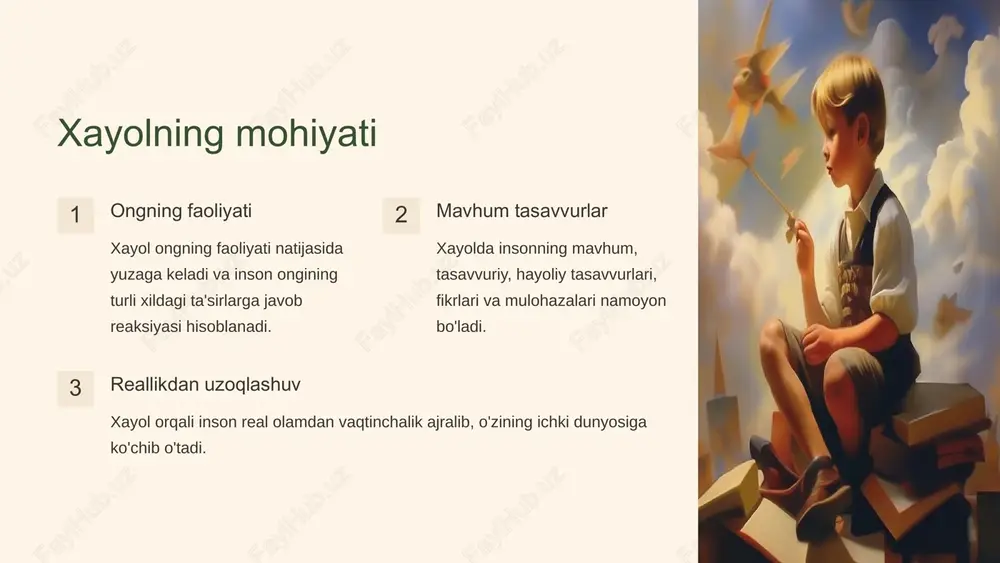 nson yangi g'oyalar, fikrlar va ijodiy yechimlar yaratadi. rejalashtirish xayol inson faoliyatini rejalashtirish va maqsadlarni belgilashga yordam beradi. 5 xayolni boshqarish usullari 1 vaqtni boshqarish xayolga sarf etiladigan vaqtni nazorat qilish va tartibga solish muhim. 2 diqqatni to'plash xayolni ixtiyoriy boshqarish uchun e'tiborni markazlashtirib, konsentratsiyani oshirish kerak. 3 xayolni davriylik bilan tashkil etish xayol jarayoniga aniq vaqt va rejimlarni belgilash uning samaradorligini oshiradi. 6 xayolni rivojlantirish texnikalari meditatsiya xayolni tinchlantirib, uning to'liq nazoratini qo'lga kiritishga yordam beradi. ijodiy xayollash yangi g'oyalar yaratish, muammolarni hal qilishda xayoldan foydalanish. afirmatsiyalar musbat xayollar, tasavvurlar, intiqliklarga e'tibor qaratish xayolni boyitadi. 7 xayolni kundalik hayotda qo'llash 1 maqsadlar qo'yish xayol orqali aniq maqsadlarni belgilash va ularga erishish uchun rejalar tuzish mumkin. 2 muammolarni hal qilish xayolning kuchi bilan turli muammolarni bartaraf etish va ijobiy yechimlar topish mumkin. 3 kasbiy rivojlanish xayol orqali o'z kasbiy salohiyatini oshirish, yangi ko'nikmalar va malakalar egallash mumkin. 8 image1.png image2.png …