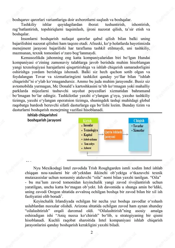 ng amaliy ishlarga oʻtish faoliyatidir. qaror qabul qilinishi bilanoq boshqariluvchi tizimlarga aniq ta’sir koʻrsatiladi, alohida oddiy boshqaruvga oid harakatlar bajariladi. menejment jarayoni uslubi quyidagilar: axborot-analitik va tashkiliy ishlar. axborot-analitik ishlar quyidagilardan iborat: axborotlar yigʻish, tahlil etish, axborotni qayta ishlash va uzatish, boshqaruv qarorlari variantlarini ishlab chiqish, boshqaruv qarorlari variant­lariga doir axborotlarni saqlash va boshqalar. tashkiliy ishlar quyidagilardan iborat: tushuntirish, ishontirish, ragʻbatlantirish, topshiriqlarni taqsimlash, ijroni nazorat qilish, ta’sir etish va boshqalar. insonlarni boshqarish nafaqat qarorlar qabul qilish bilan balki uning bajarilishini nazorat qilishni ham taqozo etadi. afsuski, koʻp holatlarda hayotimizda menejment jarayoni bajarilishi har taraflama tashkil etilmaydi, uni tashkiliy, mazmunan, texnik tomonlari oʻzaro bogʻlanmaydi. kemasozlikda jahonning eng katta kompaniyalaridan biri boʻlgan hundai kompaniyasi oʻzining zamonaviy talablarga javob berishda muhim hisoblangan yangi texnologiyasi harajatlarni qisqartirishiga va ishlab chiqarish samaradorligini oshirishga yordam berishiga ishonadi. balki siz hech qachon sotib olgan va foydalangan tovar va xizmatlaringizni tashkilot qanday yoʻllar bilan “ishlab chiqarishi”ni oʻylab koʻrmagandursiz. …