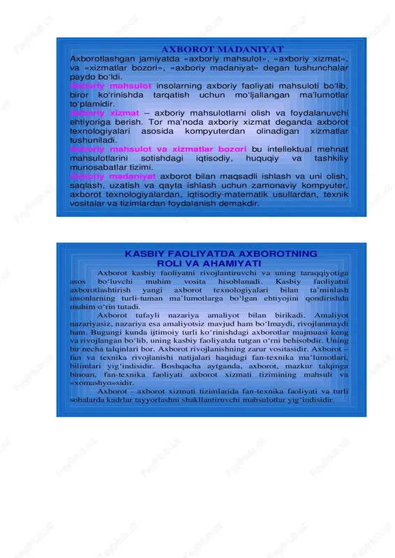 - grafik: rasmlar, slaydlar, xaritalar, chizmalar ko’rinishida; - matniy: tilimizning, fikrlarning harflar yordamida o’tkazilishi; - tovushli: tovushli tashuvchi yoki retranslyator bo’lgan hammasi, – plastinkalar, disklar, fleshkalardan boshlab radio va mp3 gacha; - raqamli: raqamlar bilan kodlangan axborot, – puldan boshlab uzunlik o’lchovlarigacha, og’irlikdan boshlab iqtisodiy va matematik tushunchalargacha; - videoaxborot: har qanday rolik, film; - virtual: butun intenet olami – videoo’yinlardan boshlab ijtimoiy tarmoqlargacha . savol va topshiriqlar. 1.qadriyat tushunchasi nima? 2. medialarning tarbiyaviy ahamiyati? 3.media o‘zlikni anglashni shakllantirish omillari? image29.svg image1.jpeg image2.jpg image3.jpeg image4.png