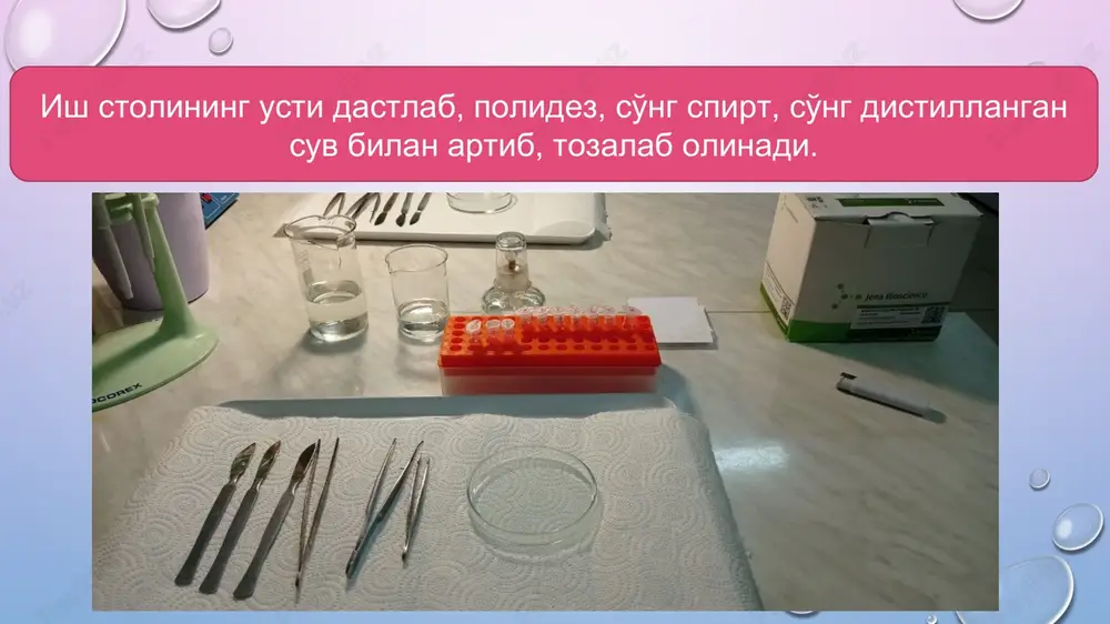 aylantirib, aralashtiriladi va 37 s da 30-60 min. termostatda saqlanadi. 4. keyin namunani 65 s da termostatda 60 min. davomida saqlab, dnk gidratlanadi. 5. dnk 4 s da saqlanadi. 6.dnk ni uzoq saqlash uchun -20 s dan -80 gradusgacha sovutgichda saqlash kerak. e’tiboringiz uchun tashakkur! image3.png image4.png image5.png image6.png image7.png image8.png image9.png image10.png image11.png image12.png image13.png image14.png image15.png image16.png image17.png image18.png image19.png image20.png image21.png image1.png /docprops/thumbnail.jpeg