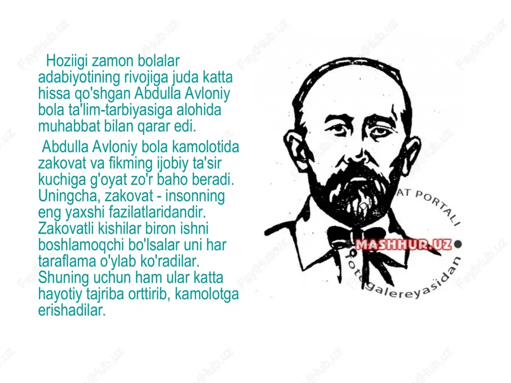 arfni yolg'iz yoziladigan shakllarini bir sahifada alifbo tartibida bergan. shu sahifada alifning so'zning boshida, o'rtasida va oxirida yozilishini ko'rsatgan, so'ng alifni barcha «bosh harflar»ga qo'shib bo'g'inlar hosil qilgan. «lkkinchi muallim»da bolalarning axloq, odobiga doir, halollik va poklikka oid turli she'rlar, hikoya, masal va ertakiar jamlangan, rang-barang allegorik obrazlardan ustalik bilan foydalanilgan. kitob «maktab» she'ri bilanboshlanadi, undakimki maktabgaborsa, o'qisa, savodxon bo'lsa, juda ko'p narsalarga erishishi chiroyli ta'riflanadi: maktab duru gavhar sochar,: ' maktab sizga jannat ochar, y maktab jaholatdan qochar, g'ayrat qilib o'qing, o'g'lon! ' maktab siwi inson qilur, ; maktab hayo ehson qilur maktab g'ami vayron qilur, • g'ayrat qilib o'qing, o'g'lonf.. •