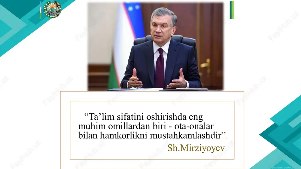 olalarning ta’lim sifatiga ijobiy ta’sir ko‘rsatadi. ota-onalar maktab faoliyatida faol qatnashib, o‘z fikr va mulohazalarini bildirishi orqali ta’lim sifatini yaxshilashga yordam beradi. vazifa qatnashuvchi darslar: maktabda o‘tiladigan darslar va tanlovlar ota-onalar uchun ajoyib platforma bo'lib, ularning o‘zlarini maktab boshqaruvida his qilishlariga imkon beradi. mavzuli topish kuni: ota-onalar uchun maktabda maqbul bo‘lgan bir kuni belgilash mumkin, jumladan, ularning qiziqtirgan va faol hisoblanadigan mavzularni muhokama qilish uchun. maktab ijrochilarining davomati: maktabning o‘tgan yoki kundalik hayotida qanday o‘zgarishlar sodir bo‘lganligi haqida ota-onalar bilim berishlari va maktabdagi yangiliklarga qiziqishlarini oshirishi mumkin. bolalar kengashlariga qatnashish: ota-onalar bolalar kengashlariga qatnashib, maktabdagi muammolarni muhokama qilishda, ularning mulohazalari va maslahatlari qo‘llanilishi mumkin. maktabda kengaytirilgan ta’lim imkoniyatlari: sport, san’at, va texnologiyalar sohasida ta’lim imkoniyatlari yaratish orqali ota-onalar faol ishtirokini ta’minlash uchun motivatsiyani oshirishi mumkin. xorijiy tajribalarni o‘rganganligi 1. xorijiy badiiyatlar va sun’iy bayramlar: aqsh, germaniya va koreyadagi badiiyatlar va sun’iy bayramlar, masalan, thanksgiving day, christmas, va chuseok (koreyada yil …