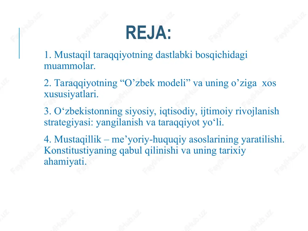tisodiy sohada milliy boylikning ko’payishini ta’minlaydigan barqaror, rivojlanib boruvchi iqtisodiyotni barpo etish; ijtimoiy jihatdan yo’naltirilgan bozor iqtisodiyotini bosqichma-bosqich shakllantirish; mulk egalari huquqlarining davlat yo’li bilan himoya qilinishini ta’minlash va barcha mulkchilik shakllarining huquqiy tengligini qaror toptirish; iqtisodiyotni o’ta markazlashtirmasdan korxonalar va tashkilotlarning mustaqilligini kengaytirishni, davlatning xo’jalik faoliyatiga bevosita aralashuvidan voz kechish. ijtimoiy va ma’naviy sohada insonparvarlik g’oyalariga sodiqlikni, inson, uning hayoti va shaxsiy daxlsizligi, erkinligi, qadr-qimmati, yashash joyini tanlash huquqi saqlanib qolishi; ma’naviyatni qayta tiklash; o’zbek tilini rivojlantirish; hurfikrlilik, vijdon va din erkinligini qaror toptirish; ijtimoiy adolat qoidalarini ro’yobga chiqarish, aholining eng nochor qatlamlari – keksalar, nogironlar, yetim-yesirlar, ko’p bolali oilalar, o’quvchi yoshlarning davlat tomonidan iqtisodiy muhofazaga bo’lgan kafolatli huquqlarini ta’minlash; odamlarning iste’dod qobiliyatlarini namoyon yetish uchun shart-sharoit yaratish, ma’naviy mulkni himoya qilish. konstitutsiya nima? konstitutsiya (lot. constitution – tuzilish, tuzuk) – davlatning asosiy qonuni. u davlat tuzilishini, hokimiyat va boshqaruv organlari tizimini, ularning vakolati hamda shakllantirilish tartibi, saylov tizimi, …