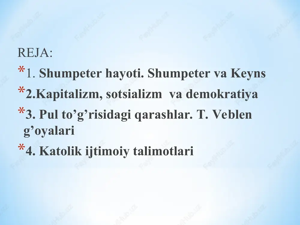 z tarixi» (1954 y. tugallanmagan 1260 betdan iborat katta asar). shumpeter tadbirkorlik ideologi xisoblanadi. uning asosiy goyasi: «tadbirkor - iqtisodiyotning asosiy dvigateli» edi. shumpeter novatorlik raqobati gipotezasini, ishlab chiqarish omillari kombinastiyasida bosqichma - bosqich rivojlanishi kabi nazariyalarni yaratdi. shumpeterning «iktisodiy analiz tarixi» asari qadimgi greklardan xx asrning birinchi yarmigacha bo’lgan davrdagi nazariyalar analiz qilingan. xozirgacha tadqiqotchilar bu kitobni iqtisodiy ta’limotlar tarixida eng zo’r ensiklopediya, deb xisoblaydilar. monetarizm iqtisodiy ta’limotlar tarixida keng tarqalgan mashhur va nufuzli oqimdir. monetarizm (monetary – pul) – bu iqtisodiyotdagi tebranma harakatda pul hal qiluvchi ahamiyatga ega, deb tasdiqlovchi iqtisodiy fandagi oqim. monetarizm – nafaqat pul to’g’risidagi ta’limot. bu maktab vakillarining diqqat markazida pul kategoriyasi, pul-kredit dastaklari turadi; ammo ularni pul mexanizmi, bank tizimi, pul-kredit siyosati, valyuta munosabatlari shunchaki qiziqtirmadi. monetaristlar ularni pul massasi bilan ishlab chiqarish o’rtasidagi bog’liqlikni aniqlash uchun tadqiq qildilar. bu oqimning atoqli namoyandasi chikago universitetining professori, iqtisodiy sohasida nobel mukofoti sohibi milton fridmen …