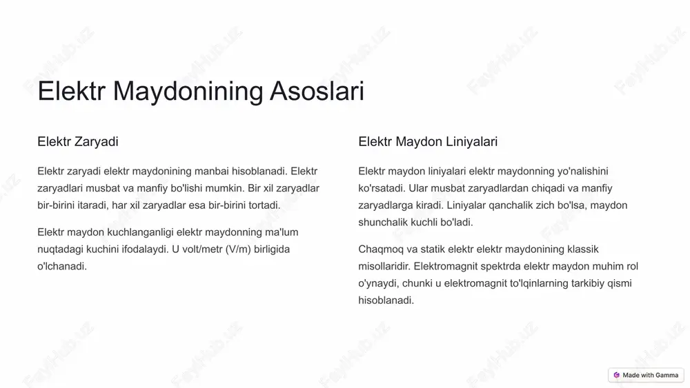 qadi va janubiy qutbga kiradi. magnit turlari doimiy magnitlar, elektromagnitlar. yerning magnit maydoni kompasning ishlashiga asoslanadi va hayvonlarning navigatsiyasida muhim rol o'ynaydi. magnit maydon kuchlanganligi magnit maydonning ma'lum nuqtadagi kuchini ifodalaydi. u tesla (t) birligida o'lchanadi. 3 elektromagnit induksiya 1 faradey qonuni faradey qonuni elektromagnit induksiyaning asosiy qonunidir. unga ko'ra, o'zgaruvchan magnit maydon elektr maydonni hosil qiladi. 2 transformatorlar transformatorlar elektromagnit induksiya asosida ishlaydi. ular kuchlanishni oshirish yoki kamaytirish uchun ishlatiladi. 3 amaliy qo'llanilishi generatorlar va motorlar elektromagnit induksiyaning amaliy qo'llanilishiga misol bo'ladi. ular mexanik energiyani elektr energiyasiga yoki aksincha aylantiradi. elektromagnit induksiya hodisasi elektr generatorlarining, transformatorlarning va boshqa ko'plab elektr qurilmalarining ishlash prinsipini asoslaydi. 4 elektr va magnit maydonlarning tirik organizmlarga ta'siri: umumiy ko'rinish biologik to'qimalar biologik to'qimalar elektr va magnit xususiyatlarga ega. ular elektromagnit maydonlar bilan o'zaro ta'sirlashishi mumkin. elektromagnit nurlanish elektromagnit nurlanish tirik hujayralarga ta'sir qilishi mumkin. bu ta'sir nurlanishning chastotasi va intensivligiga bog'liq. sog'liqqa ta'siri elektromagnit …