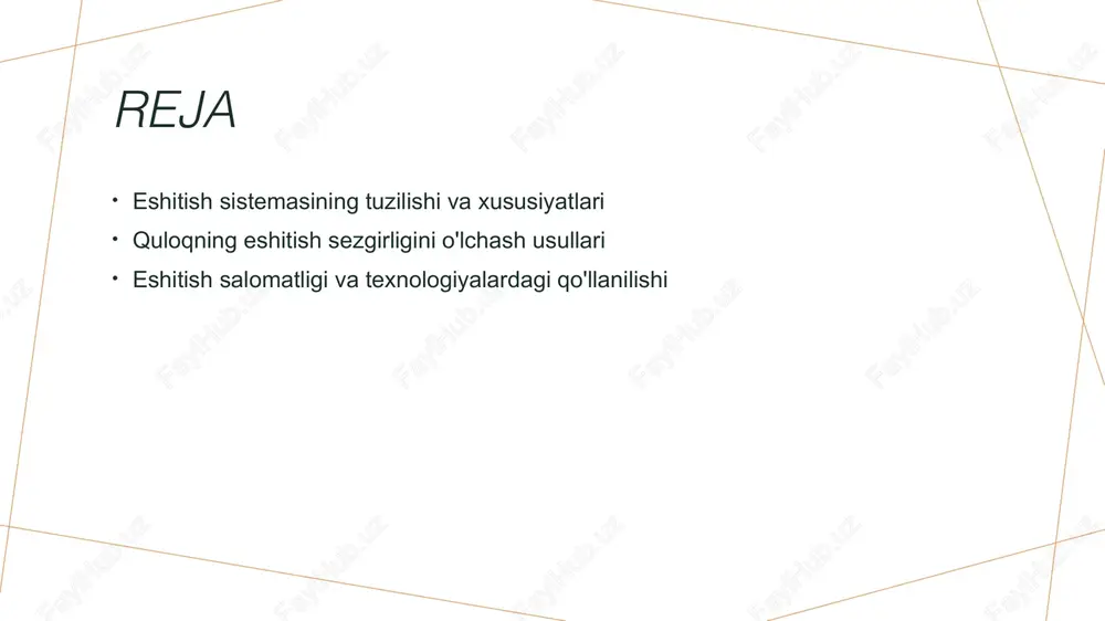 a va eshitish chastota, tovushning tebranish tezligini belgilaydi. odamlar 20 gts dan 20 kgts gacha bo'lgan chastotadagi tovushlarni eshitish qobiliyatiga ega, bu esa akustik xususiyatlarning muhim qismini tashkil etadi. quloqning eshitish sezgirligini belgilovchi omillar. anatomik xususiyatlar ovozning intensivligi chastota diapazoni quloqning anatomik tuzilishi, masalan, ichki quloq va o'rta quloq, eshitish sezgirligini belgilovchi muhim omillardir. ularning sog'lomligi sezgi darajasiga ta'sir qiladi. ovoz intensivligi, ya'ni decibel darajasi, quloqning eshitish sezgirligini belgilovchi asosiy omillardan biridir. yuqori intensivlikdagi ovozlar sezgirlikni pasaytirishi mumkin. ovozni chastota diapazoni (hertz) quloqning eshitish qobiliyatini belgilaydi. odamlar odatda 20 hz dan 20 khz gacha bo'lgan tovushlarni eshitishi mumkin. odamlarning eshitish sezgirligini baholashda ishlatiladigan metodlar. 1 eshitish testi - eshitish testi, eshitish sezgirligini aniqlash uchun eng keng tarqalgan usuldir. bu jarayon, odamning turli intensivlik va chastotadagi tovushlarga javobini baholaydi. 2 audiometriya - audiometriya, quloqning eshitish qobiliyatini o'lchash uchun maxsus asboblar yordamida amalga oshiriladi. bu usul, quloqning har xil chastotalarga nisbatan sezgirligini …
