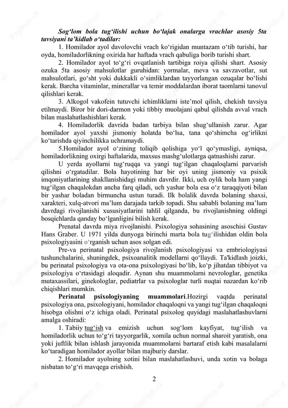 oliyat yurita boshlaydi. 4 oylikdan homilaning og‘irligi 113,4 grammdan 226,8 grammgacha yetadi. oxirgi 5 oyda homilaning og‘irligi 1984,5 grammdan 2268 grammgacha o‘lchamlari kattshxashib borishini ko‘rish mumkin. 1. tuxumdon va urug‘don differensiatsiyasi 2. qon tomir tizimining‘ faoliyati 3. homila harakatining onaga sezilishi. 4. homila boshida soch qoplanishining hosil bo‘lishi. bu davrning eng muhim hodisalari quyidagilardan iborat. urug‘lanishdan 5-6 oydan so‘ng homilaning qoshlari, kipriklari va sochlari paydo bo‘ladi. embrional davrning oxirig‘a borib, erkak embrionda urug‘don, qiz embrionda tuxumdonlar rivojlanadi. uchinchi oyda urug‘donda tashqi jinsiy belg‘ilar rivojlanishig‘a ta’sir ko‘ratuvchi garmonlar sintez qilishni boshlaydi: qiz embrionda bu garmon sintezlanmaydi va o‘xshash hujayralardan jinsiy organlar hosil bo‘ladi. sog‘lom bola tug‘ilishi uchun bo‘lajak onalarga vrachlar asosiy 5ta tavsiyani ta’kidlab o‘tadilar: 1. homilador ayol davolovchi vrach ko‘rigidan muntazam o‘tib turishi, har oyda, homiladorlikning oxirida har haftada vrach qabuliga borib turishi shart. 2. homilador ayol to‘g‘ri ovqatlanish tartibiga roiya qilishi shart. asosiy ozuka 5ta asosiy mahsulotlar guruhidan: yormalar, …