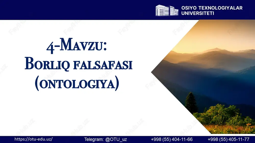 pologiya inson va uning hayoti masalalari axloq insonning axloqiy tarbiyasi masalalari 4.1. borliq tushunchasining mohiyatiga oid falsafiy va tabiiy ilmiy konsepsiyalar. «borliqni kim yaratgani" haqida gapirib berish "borliqning nimaligi, u qayerdan paydo bo'lgani va qayerga yo'qolishi"ni oqilona tushuntirish mifologiyaning bosh maqsadi falsafaning bosh maqsadi 4.2. borliq shakllarining tasnifi. biosfera va noosfera haqidagi ta’limotlar. "borliq" kategoriyasi falsafa paydo bo'lishi bilan shakllangan va izchil nazariy qiziqish predmetiga aylangan bo'lsada, dunyo haqida odamlar ancha oldinroq fikr yurita boshlaganlar va bu tasavvurlar ko'p sonli afsonalar va miflarda bizgacha yetib kelgan. borliq muammosini falsafiy anglab yetishga ilk urinishlar miloddan avvalgi birinchi ming yillikda vujudga kelgan qadimgi hind va qadimgi xitoy falsafalaridayoq kuzatiladi. borliq haqidagi qarashlar ayniqsa yunon falsafasida rivojlandi. 4.2. borliq shakllarining tasnifi. biosfera va noosfera haqidagi ta’limotlar. demokrit va levkipp atomlarni muayyan modda sifatida tavsiflab, ularni "bo'shliq" - yo'qlikka zid o'laroq, "to'la" yoki "qattiq" borliq bilan tenglashtirgan yunon olimi falesning fikricha, borliqning asosini suv …