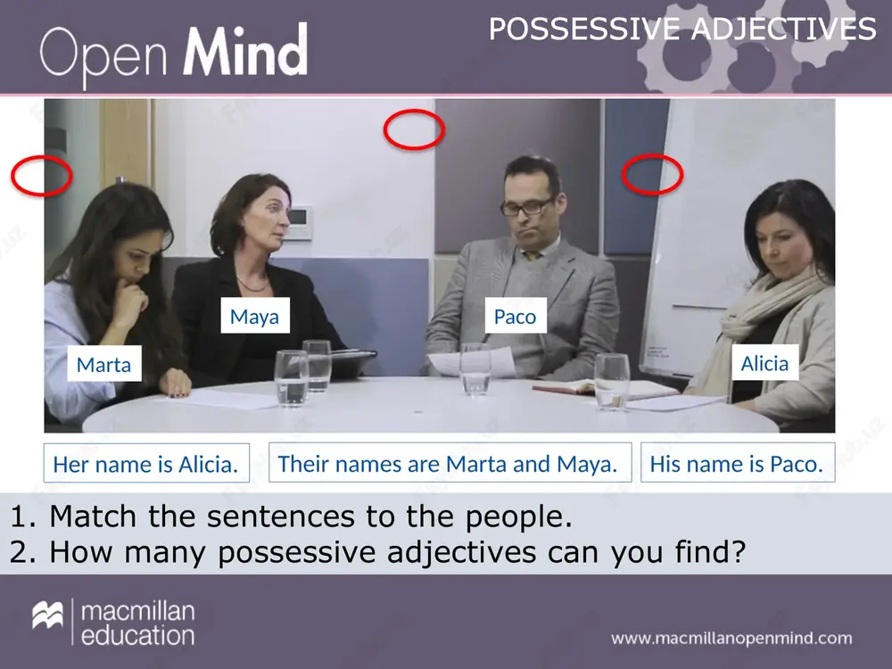 im. her name is maya. his name is tim. which possessive adjective is for a man? which possessive adjective is for a woman? which possessive adjective is for men, women or both? man woman men and women possessive adjectives his her their grammar noticing: students continue to notice possessive adjectives and answer the questions. answers: 1 his 2 her 3 their ask students to demonstrate with the names of their classmates. 4 subject pronoun possessive adjective i you he she we they these are the possessive adjectives for different people. my your his her our their possessive adjectives with singular and plural nouns: my friend is here. my friends are from england. possessive adjectives grammar presentation – form: see how many possessive adjectives students can remember. elicit these for the correct part of the table. students then read the information at the bottom. make sure it is clear that the …