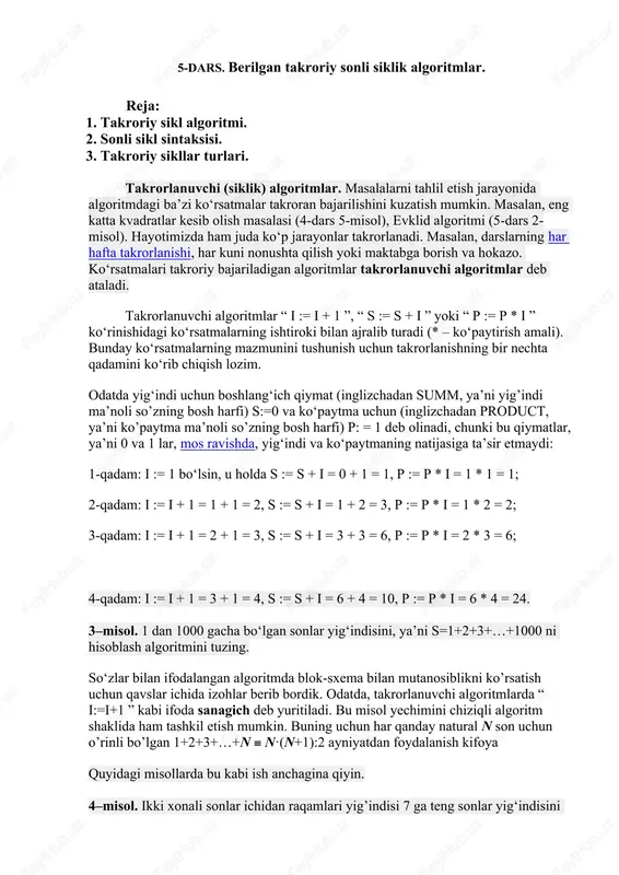 1 = 1, p := p * i = 1 * 1 = 1; 2-qadam: i := i + 1 = 1 + 1 = 2, s := s + i = 1 + 2 = 3, p := p * i = 1 * 2 = 2; 3-qadam: i := i + 1 = 2 + 1 = 3, s := s + i = 3 + 3 = 6, p := p * i = 2 * 3 = 6; 4-qadam: i := i + 1 = 3 + 1 = 4, s := s + i = 6 + 4 = 10, p := p * i = 6 * 4 = 24. 3–misol. 1 dan 1000 gacha bo‘lgan sonlar yig‘indisini, ya’ni s=1+2+3+…+1000 ni hisoblash algoritmini tuzing. so‘zlar bilan ifodalangan algoritmda blok-sxema bilan mutanosiblikni ko’rsatish uchun qavslar ichida izohlar berib bordik. odatda, takrorlanuvchi algoritmlarda “ i:=i+1 ” …