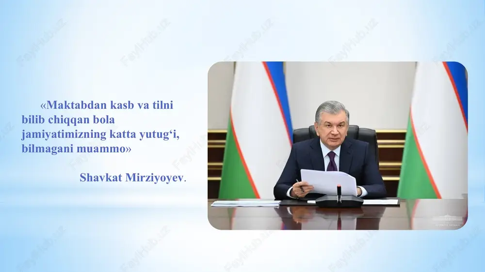 ilarni kasbga yo‘naltirishda nazariyadan ko‘ra amaliy mashg‘ulotlarga katta e’tibor qaratilishi va har bir o‘quvchi o‘zining shaxsiy imkoniyatlaridan kelib chiqib yo‘l tanlashi. o‘qituvchilar bu imkoniyatlarni aniqlab, har bir o‘quvchiga mos usullarini va dasturlarini taqdim etish uchun shaxsiy rejalarini tuzish. 3.o‘qituvchilar va ota-onalar o‘quvchilarni kasbga yo‘naltirishda hamkorlik qilishi va farzandining ta’lim jarayonida qatnashishini ta’minlash. vazifa 2.texnologiya fan o‘qituvchisi 5-7-sinflarda ishchi kasblar to‘g‘risida ma’lumot berish; 8-9-sinflarda kasb tanlash varaqasi, kasblar tasnifi va turlari to‘g‘risida ma’lumot berish. 1.sinf rahbarlari 10-11-sinflarda “kasbiy bilim va maslahat oyligi” tadbirlarini tashkil etish 3.fan o‘qituvchilari o‘quv rejaga kiritilgan fanlar doirasida mehnat bozorida mavjud bo‘lgan turli kasblar to‘g‘risida tushunchalar berib borish maktab psixologi kasbiy qiziqishlar va moyilliklarni aniqlash bo‘yicha testlarni o‘tkazish; kasb tanlash bo‘yicha maslahatlar berish; kasb tanlash va shaxsiy rivojlantirish bo‘yicha trening mashg‘ulotlarini o‘tkazish 4.ota-onalar jamoasi farzandlari kelajagiga befarq bo‘lmaslik va kasb tanlashlarida ko‘maklashish; kasb tanlash tadbirlarida faol qatnashish va o‘z kasblari to‘g‘risida davra suhbati va uchrashuvlarni o‘tkazish. kasbga …