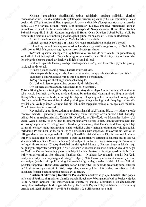 da ayblab qatl etishga hukm qildilar. isoning tarixiyligi xususida diniy va diniy bo‘lmagan manbalar orasida ixtilof mavvjud: xristianlik manbalari isoning o‘zi xudo bo‘la turib, insoniyatning gunohlarini o‘ziga olish uchun odam qiyofasida tug‘ilganini, uning tarixiy shaxs ekanini ta’kidlab, uning hayot tarzini, insonlar bilan muloqoti haqidagi keng ma’lumotlarni bersada, diniy bo‘lmagan manbalarda isoning nomi uchramaganligini nazarda tutib, u tarixiy emas, balki afsonavviy shaxsdir deguvchilar ham bor. iso nomiga qo‘shiluvchi masih so‘zi qadimiy yahudiy tili - ivritdagi «moshiax» so‘zidan olingan bo‘lib, «silangan» yoki «siylangan» ma’nolarini beradi. grekchada bu so‘z «xristos» («christos») shakliga ega. bu dinning «xristianlik» yoki «masihiylik» deb atalishi ham shu so‘zlar bilan bog‘liq. bundan tashqari xristianlik iso masihning tug‘ilgan qishlog‘i - «nazaret» bilan bog‘lab, nazroniyya deb ham atalgan. keyinchalik bu nom nasroniyya, nasroniylik shaklini olgan. iso masih o‘z ta’limotini o‘zining 12 o‘quvisi apostollar - havvoriylarga o‘rgatdi. ular esa isoning vafotidan keyin ustozlarining talimotlarini har birlari alohida-alohida tarzda kitob shakliga keltirdilar. bu …
