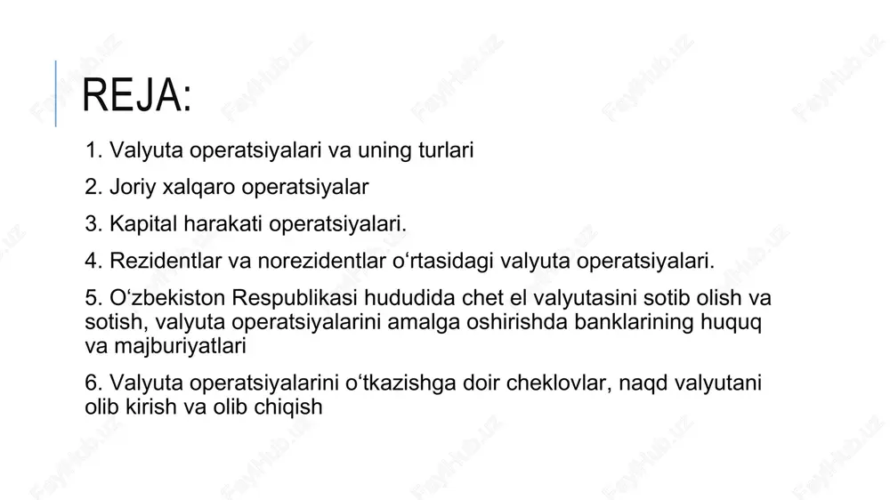 ingan, shartnomada ko‘rsatilgan to‘lash davrlari soniga nisbati sifatida hisob-kitob qilingan qismining ikki baravaridan ortiq bo‘lmagan miqdordagi summani to‘lash; nosavdo tusidagi pul o‘tkazmalari. joriy xalqaro operatsiyalar hamda ular bilan bog‘liq holda chet el valyutasini rezidentlar va norezidentlar tomonidan sotib olish yoki sotish cheklovlarsiz amalga oshiriladi. 2. joriy xalqaro operatsiyalar nosavdo tusidagi pul o‘tkazmalari jumlasiga quyidagilar kiradi: 1 jismoniy shaxslar o‘rtasida yuz million so‘m ekvivalentigacha bo‘lgan miqdordagi pul o‘tkazmalari; 2 shaxsiy ehtiyojlar uchun tovarlarga (xizmatlarga, ishlarga) haq to‘lash; 3 ish haqi, stipendiyalar, pensiyalar, alimentlar to‘lash; 4 xodimlarni o‘zbekiston respublikasidan tashqariga xizmat safariga yuborish bilan bog‘liq xarajatlarni to‘lash; 5 ta’lim, davolanish va turizm uchun haq to‘lash; 6 o‘zbekiston respublikasining chet davlatlardagi diplomatik va boshqa vakolatxonalari, shuningdek o‘zbekiston respublikasining davlatlararo yoki hukumatlararo tashkilotlar huzuridagi doimiy vakolatxonalari ta’minoti uchun haq to‘lash; 2. joriy xalqaro operatsiyalar nosavdo tusidagi pul o‘tkazmalari jumlasiga quyidagilar kiradi: 7 notarial va tergov harakatlari bilan bog‘liq to‘lovlar, shuningdek ishlarni sudlarda ko‘rish munosabati …