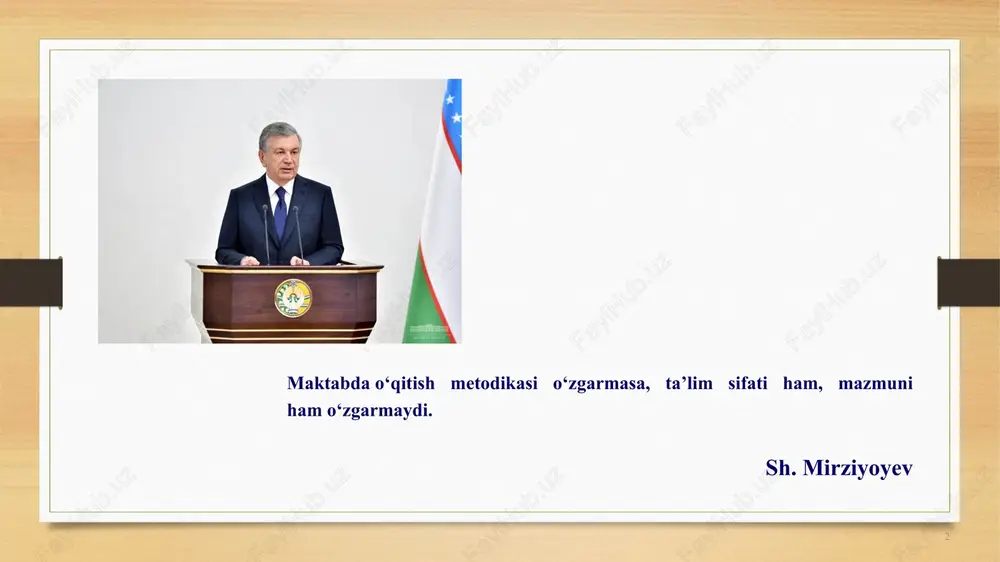jamoaviy ishlarni yaxshilash: samarali muloqot qilish, jamoada hamkorlikni kuchaytirish va o‘zaro ishonchni shakllantirish ko‘nikmalarini rivojlantirish. vazifalar: 6 “2022-2026-yillarda xalq ta’limini rivojlantirish bo‘yicha milliy dasturni tasdiqlash to‘g‘risida”11.05.2022-yildagi o‘zbekiston respublikasi prezidentining farmoni mavzuga oid me’yoriy-huquqiy hujjatlar: “o‘zbekiston respublikasining ta’lim to‘g‘risida” gi qonuni 23.09.2020-yildagi o‘rq-637-son “o‘zbekiston respublikasining konstitutsiyasi” 2023-yil 30.04 “pedagogning maqomi toʻgʻrisida” gi o’zrq -901-son 01.02.2024 yil https://lex.uz/ 7 oybek hayitov. "boshqaruv psixologiyasi" - ushbu kitob boshqaruv psixologiyasi va xodimlarning liderlik qobiliyatlarini rivojlantirish mavzusiga oid. “istiqlol” nashriyoti toshkent 2021-yil otabek xasanovning “liderlar kitobi” -ushbu nashrda lider degani, avvalo, doimo oʻz ustida ishlaydigan va oʻzgalarga yordam qoʻlini choʻzadigan insondir. muharrir nashriyoti toshkent-2020-yil jon maksvell. "21 inkor etib bo'lmaydigan etakchilik qonuni" ushbu kitobning axloqi shundan iboratki, agar siz etakchilikning ta'riflangan " qonunlariga " rioya qilsangiz, unda etakchilik sizga ergashadi. djon xennesi “rahbar tamoyillari, hayotimdagi saboqlar” xennessi o'z kitobida ham, hayotida ham etakchilik uchun juda boshqacha retseptni-ehtiyotkorlik va kamtarlikni namoyish etadi. adabiyotlar tahlili xorijiy adabiyotlar …