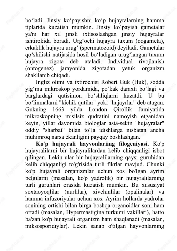 bo‘lagi va barglardagi qutisimon bo‘shliqlarni kuzatdi. u bu bo‘linmalarni "kichik qutilar" yoki "hujayrlar" deb atagan. gukning 1663 yilda london qirollik jamiyatida mikroskopning misilsiz qudratini namoyish etganidan keyin, yillar davomida biologlar asta-sekin "hujayralar" oddiy "sharbat" bilan to‘la idishlarga nisbatan ancha muhimroq narsa ekanligini payqay boshlashgan. ko'p hujayrali hayvonlariing filogeniyasi. ko'p hujayralilarni bir hujayralilardan kelib chiqqanligi isbot qilingan. lekin ular bir hujayralilarning qaysi guruhidan kelib chiqqanligi to'g'risida turli fikrlar mavjud. chunki ko'p hujayrali organizmlar uchun xos bo'lgan ayrim belgilarni (masalan, ko'p yadrolik) bir hujayralilarning turli guruhlari orasida kuzatish mumkin. bu xususiyat soxtaoyoqlilar (nurlilar), xivchinlilar (opalinalar) va hamma infuzoriyalar uchun xos. ayrim hollarda yadrolar sonining ortishi bilan birga boshqa organoidlar soni ham ortadi (masalan, hypermastigina turkumi vakillari), hatto ba'zan ko'p hujayrali organizm ham shaqlanadi (masalan, miksosporidiylar). lekin sanab o'tilgan hayvonlarning ko'pchiligi parazit hayot kechiradi va ularning keyingi taraqqiyoti hech qachon ko'p hujayralilarning kelib chiqishiga olib kelolmaydi. ko'p hujayralilarning kelib chiqishi muammosini hal etishda …