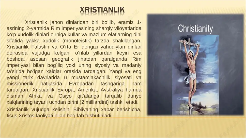 gan. xristianlik boshqa jahon dinlari kabi mutlaq, abadiy, o’zgarmas karomatni, bilimni, benixoya qudratning egasi bo’lgan yakka xudo haqidagi g`oyani asoslaydi. u uch ko’rinishdagi yakka xudoni o’zida mujassamlashtirganlik aqidasini yaratgan. uch kurinishdagi xudo haqidagi ta’limotga binoan, xudoning ichki haeti sababi o’z-o’zidan mavjud bo’lgan uchlikdagi uch asos yoki "muqaddas uchlik" bo’lgan - ota-xudo, o’g`il-xudo va muqaddas ruhning o’zaro munosabatidir. ug`il iso bayon qilingan tarjimai holiga ko’ra ota-xudodan, muqaddas ruh ham ota-xudodan yaratilgan (provaslav yo’nalishi ta’limoti), (katolistizmda esa ota-xudo va o’g`il-xudo ham xudodan tug`ilgan). xudoning mujassamlanishi yoki isoning ikki mohiyati - odam mohiyati, xudo mohiyati haqida, "gunohni yuvish", ya’ni isoning o’zini ixtiyoriy tarzda kurbon qilishi" haqidagi ta’limot bilan mustahkamlangan. xristianlik muqaddas ruh - ota xudo, bola xudo va mukaddas ruh - uch yuzli xudo to’g`risidagi ta’limoti, targ`iboti, tashkilotchiligi, jannat va do’zax, oxirat ya’ni dunyoning oxiri borligi, isoning qayta tirilishi qaqidagi va boshqa aqidalarni o’z ichiga oladi. birinchi qismda olamni yaratgan xudo haqida; ikkinchi …