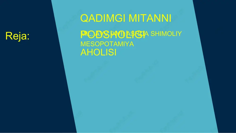 lashuvisiz ulkan yer mulkiga ega bo'lgan faktlar mitanni podsholigi misrliklar tomonidan naharinna deb nomlangan xettlar mitanni podsholigini hanigalbat deb atagan mitanni harbiylari yaqin sharqda birinchi bo’lib jangaravalardan foydalangan mitanni podsholigi enter title mitanni podsholari hind-oriy sulolalari sulolari ismlarini saqlab qolib ‘’mand jangchilari podshosi’’ va ‘’xurri jangchilari podshosi’’ unvoniga ega edilar. enter title shutarna i davridan boshlab 150 yil davomida old osiyoda mitannidan kuchli davlat yo’q edi. mitanni bu davrda misr bilan mesopotmiya va sharqiy o’rtayer dengizi havzasi uchun uzoq kurash eʼtiboringiz uchun rahmat akmal ismoilov image1.jpeg image2.jpeg image3.jpeg image4.png image5.jpeg image6.jpeg image7.jpeg