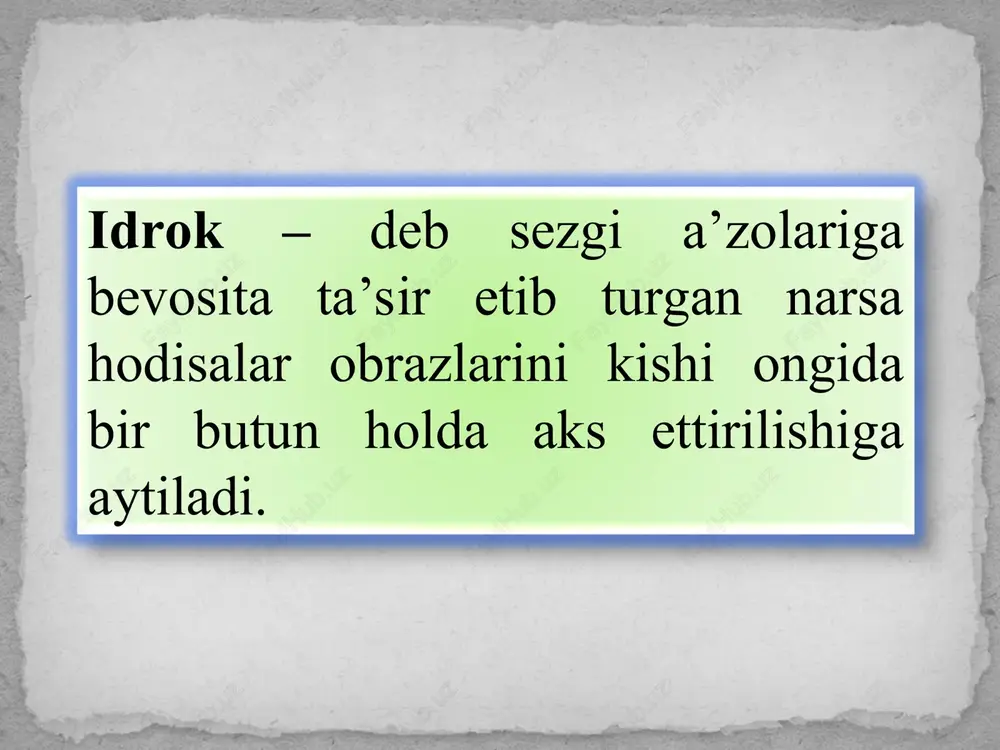 ari, qiziqishlari, motivatsiyasi, ehtiyojlari va odatlari, umuman ruhiy hayotining barcha mazmuni bilan belgilanishidir. idrokning konstantligi deganda, biz idrok qilishdan ongimizda hosil bo‘lgan obrazning real voqelikdagi bizga ta’sir etib turgan narsaning tabiiy holatiga har jihatdan mos bo‘lishini tushunamiz. illyuziya – bizga ta’sir qilayotgan narsalarni yanglish idrok qilish demakdir. odatda ikki xil illyuziya farqlanadi: a) ob’ektiv illyuziya; b) sub’ektiv illyuziya. ob’ektiv illyuziya – hamma odamlar uchun umumiy xarakterga ega bo‘lib, uni geometrik illyuziya deb ham yuritiladi. ob’ektiv illyuziya biz idrok qilayotgan narsalarning o‘zaro bir-biriga ta’siri tufayli yuz beradi. illyuziyaning bu turi har xil geometrik shakllarni idrok qilishda juda yaqqol ko‘rinadi. sub’ektiv illyuziyalar odamning ayni chog‘dagi hissiy holati bilan bog‘liq bo‘ladi. boshqacha qilib aytganda, odamning hissiy holatida ro‘y beradigan o‘zgarishlar idrok jarayoniga ta’sir qiladi. go‘yo aylanayotgandek tuyuladi. gallyutsinatsiya voqelikdagi narsa va hodisalarning tana a’zolarini qabul qilish analizatorlarga bevosita ta’sir etmasdan inson ongida turli obrazlarning (ovozlarning eshitilishi, sharpalarning sezilishi) xayolan, fikran paydo bo‘lishidan iborat …