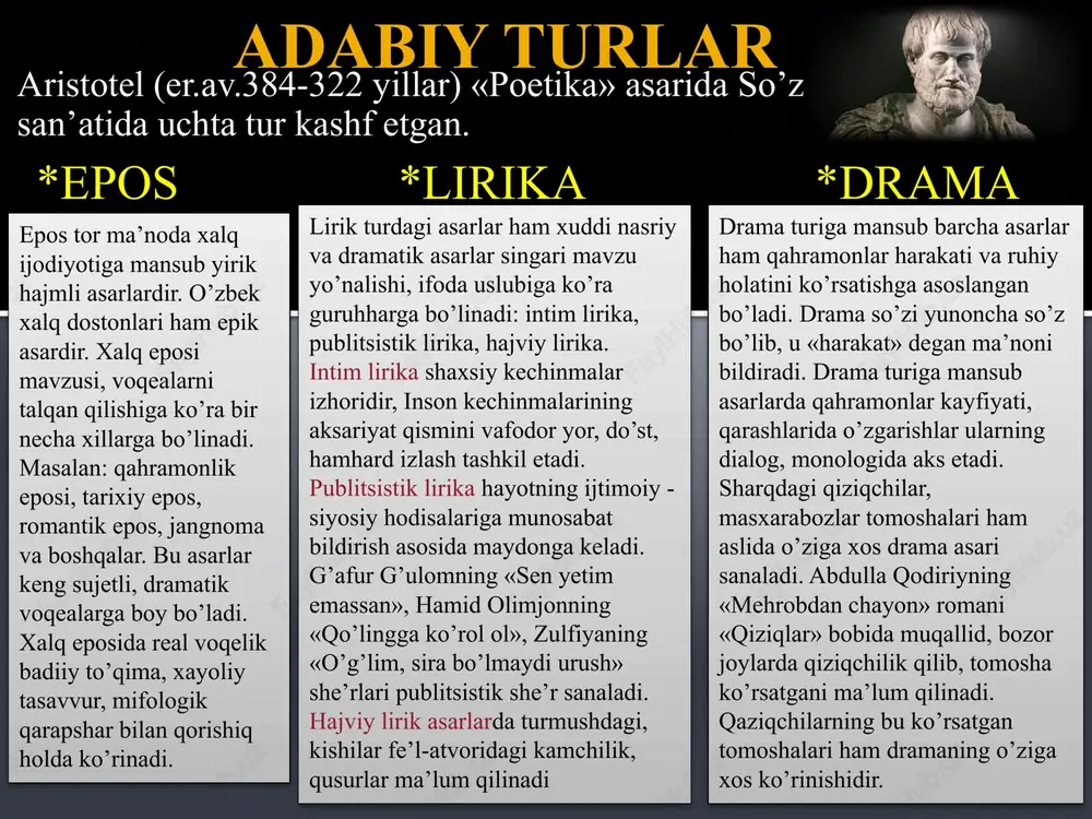 dir. «epos» ------- roman, qissa, hikoya, «lirika» -----g’azal, tuyuq, ruboiy, «drama» ----komediya, tragediya, drama janrlarini umumlashtiradi. ya’ni mazkur adabiy turlar ana shunday qismlardan tarkib topgan bo’ladi. epos, lirika, dramani tashkil etuvchi ana shunday uzvlar «janr» deb yuritiladi. adabiy turlar bir-biridan, avvalo, voqelikni gavdalantirish tarziga ko’ra farqlanadi. epos - bo’lib o’tgan voqeaparni ko’rsatayotganday taassurot uyg’otsa, lirik tur - ayni choqda bo’lib o’tgan voqealarni gavdalantirayotganday drama esa - voqealar xuddi hozir bo’lib o’tayotganday tasavvur yaratadi. bo’lib ko’rinadi. albatta, epos, lirika, drama o’rtasida jiddiy farqlar mavjud. epos so’zlashuv nutqiga yaqin bir tarzda ezilsa, lirika misra, qofiya, turoq singari unsurlarga asoslangan, drama dialog, monologlardan tarkib topgan bo’ladi. biroq eposga xos xususiyatlar ma’lum darajada lirik asarda yoki komediya, drama, tragediyada ham mavjud bo’ladi. yoki lirikaga xos xususiyatlar roman, qissa, hikoya yoki drama asarlarida namoyon bo’ladi. dramaning xos belgilari esa epos, lirikada ham ko’rinadi. chunki adabiy turlar bir-biri bilan mustaxkam aloqador, mushtarak hodisa sanaladi. ularning tasvir …