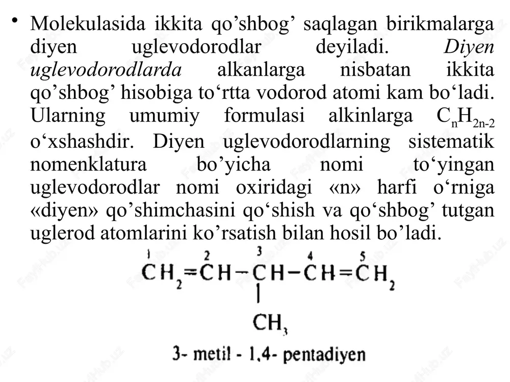 uk «koocho» so‘zidan olingan bo’lib, u daraxtning ko‘z yoshi ma’nosini bildiradi. olingan daraxt shirasiga sirka kislota qo‘shilsa, kauchuk ajralib chiqadi. kauchuk organik erituvchilar benzol, benzin, uglerod-sulfidda yaxshi eriydi. kauchuk oltingugurt ishtirokida vulkanizatsiya qilinsa, rezinaga aylanadi. rezinadan avtomobil, samolyot, velosiped, mashinasozlik sanoatlarida va uy-ro‘zg‘or buyumlarini tayyorlashda keng foydalaniladi. agar kauchukni vulkanizatsiya qilish vaqtida oltingugurt miqdori 32% gacha yetsa, qattiq modda — ebonit hosil bo‘ladi. ebonit izolator sifatida elektr asboblarida ishlatiladi. kauchukni quruq haydab izopren c5h8 olinadi. kauchuk xuddi to‘yinmagan uglevodorodlarga o’xshash ikki atom galoid yoki bir molekula vodorod galogenidni biriktirib oladi. demak, kauchuk izoprenning polimeri bo‘lib, u o‘zida bitta qo‘shbog‘ saqlaydi. tabiiy kauchukning tuzilish formulasi: geveya daraxtidan olingan kauchukning molekular massasi 170000 ga yaqin bo’lib, unda 2500 izopren molekulalari polimerlanganligi aniqlangan. sintetik kauchuk dunyoda birinchi bo’lib rossiyada akademik s.s.lebedev usuli bo‘yicha olingan. sintetik kauchukning xossalari tabiiy kauchuknikiga o‘xshash bo‘lib, vulkanizatsiyadan so‘ng sifatli rezinaga aylanadi. tabiiy kauchukning tuzilish formulasi: molekulasida uchbog’ saqlagan …