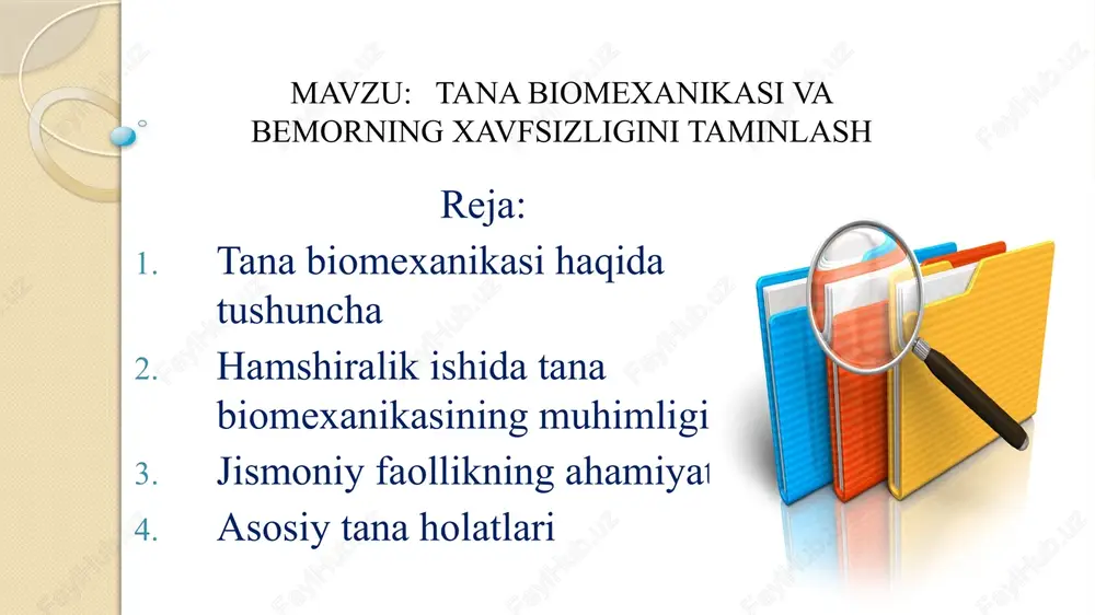 stlanishning oldini olish demakdir. buning uchun quyidagi qoidalarga rioya qilish lozim 1- bemor nam pol ustida yurishi mumkin emas; 2- bemor yuradiganyo`lda hech qanday buyumlar turmasligi kerak; 3-boshi aylanadigan holsizlangan bemorlar o`zi yurmasligi kerak; 4-bemorni o`rnidan zambilga yotqizishda, ayniqsa, ehtiyot bo`lish kerak va bu muolajani yordamchi ko`magida bajarish lozim; 5-bemor yuradigan yo`laklar yaxshi yoritilishi kerak. 7 yiqilishga sabab bo`ladigan xavfli omillar quyidagilar: - 65 yoshdan oshganlar - bemor avval ham yiqilganligi haqida ma`lumot - muvozanat va ko`rishning buzilishi - yurish-turishning o`zgarishi - davolashda diuretiklar, sedativ, uyqu dorilar trankvilizatorlar va analgetiklar qo`llanilishi -bosh aylanishi bilan o`tadigan ortostatik reaksiyasi borligi -yiqilish paytida bemorning javob reaksiyasi kechikkanligi -esining kirar-chiqar bo`lishi -harakatchanlikning chegaralanishi yoki buzilishi 8 bemorlarning o‘rnidagi vaziyatlari- fauler fauler vaziyatida bemor yarim yotgan va yarim o‘tirgan holatda bo‘ladi. bu vaziyatga bemor quyidagicha yotqiziladi krovatni gorizontal holatga keltirish lozim; krovatning bosh tomonini 45—60° burchak ostida ko‘tarish kerak (bu holatda bemor o‘zini qulay sezadi, …
