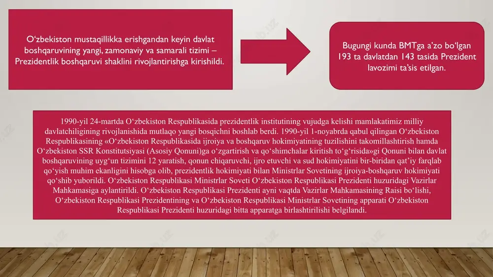 boshlandi. 1991-yil 18-noyabrda mamlakatimizda prezidentlik saylovlarini tartibga soluvchi «o‘zbekiston respublikasi prezidenti saylovi to‘g‘risida»gi qonun qabul qilindi. shu asosda, 1991-yil 29-dekabrda o‘zbekiston respublikasi prezidentligiga muqobillik asosida saylov bo‘lib o‘tdi. oliy lavozimga ikki nomzod – o‘zbekiston xalq demokratik partiyasi va o‘zbekiston kasaba uyushmalari federatsiyasi nomzodi islom karimov va «erk» demokratik partiyasi vakili saloy madaminov (muhammad solih) nomzodi qo‘yildi. saylovlar yakuniga ko‘ra ovoz berishda qatnashganlarning 86 foizi islom karimov nomzodini, 12,3% esa saloy madaminov nomzodini yoqlab ovoz berdi. 1995-yil 26-martda o‘zbekiston respublikasi oliy majlisi qaroriga muvofiq o‘zbekiston respublikasi prezidentining vakolat muddatini 1997-yildan 2000-yilgacha uzaytirish masalasi bo‘yicha umumxalq referendumi bo‘lib o‘tdi. 2000-yil 9-yanvarda o‘zbekiston respublikasi prezidenti saylovi o‘tkazildi. islom karimov o‘zbekiston respublikasi prezidentligiga muqobillik asosida o‘tkazilgan saylovda o‘zbekiston prezidenti etib saylandi. 2002-yil 27-yanvarda bo‘lib o‘tgan referendumda prezidentlik lavozimi vakolati 5 yildan 7 yilga uzaytirildi. 2007-yil 23-dekabrda bo‘lib o‘tgan saylovda 88,1 foiz ovoz bilan islom karimov 7 yilga 1991-y. prezidentlikka nomzodlar. 13 saylandi. o‘zbekiston respublikasi …